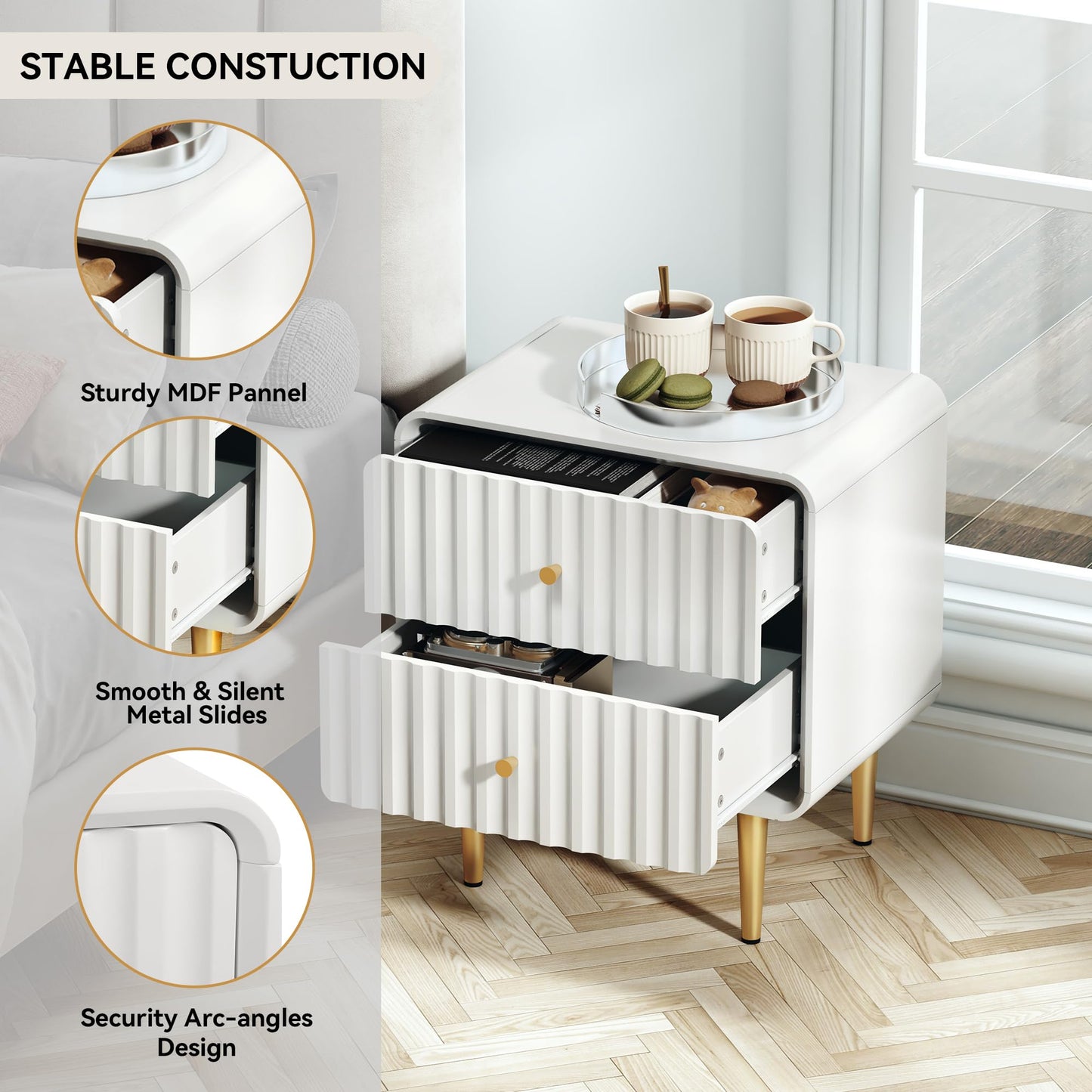 HLR Modern Nightstand Set of 2, Fluted Bed Side Table with 2 Drawers Storage, Wood End Table with Gold Metal Handle, White Night Stands for Bedroom