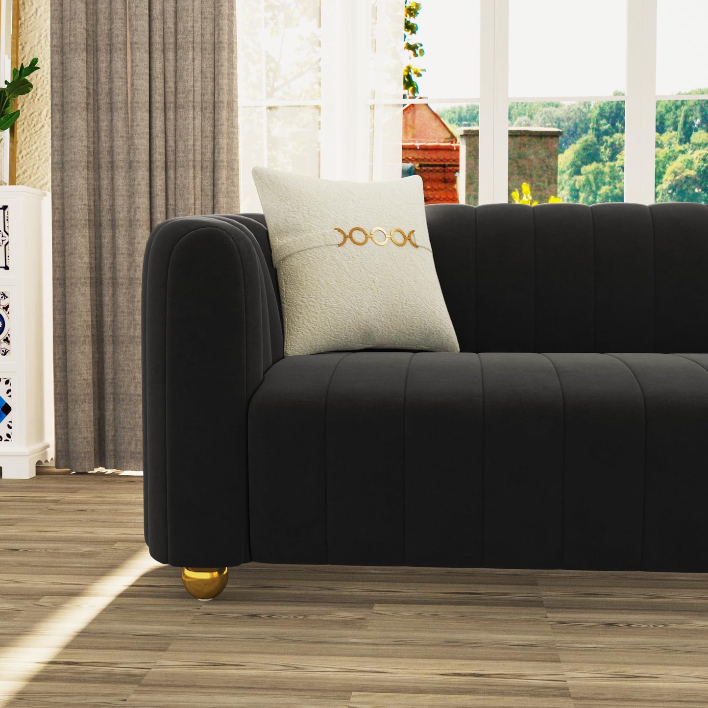 83'' Sofa for Living Room Modern Teddy Short Plush Couch 3-Seater Apartment Sofa with 2 Pillows & Golden Metal Legs