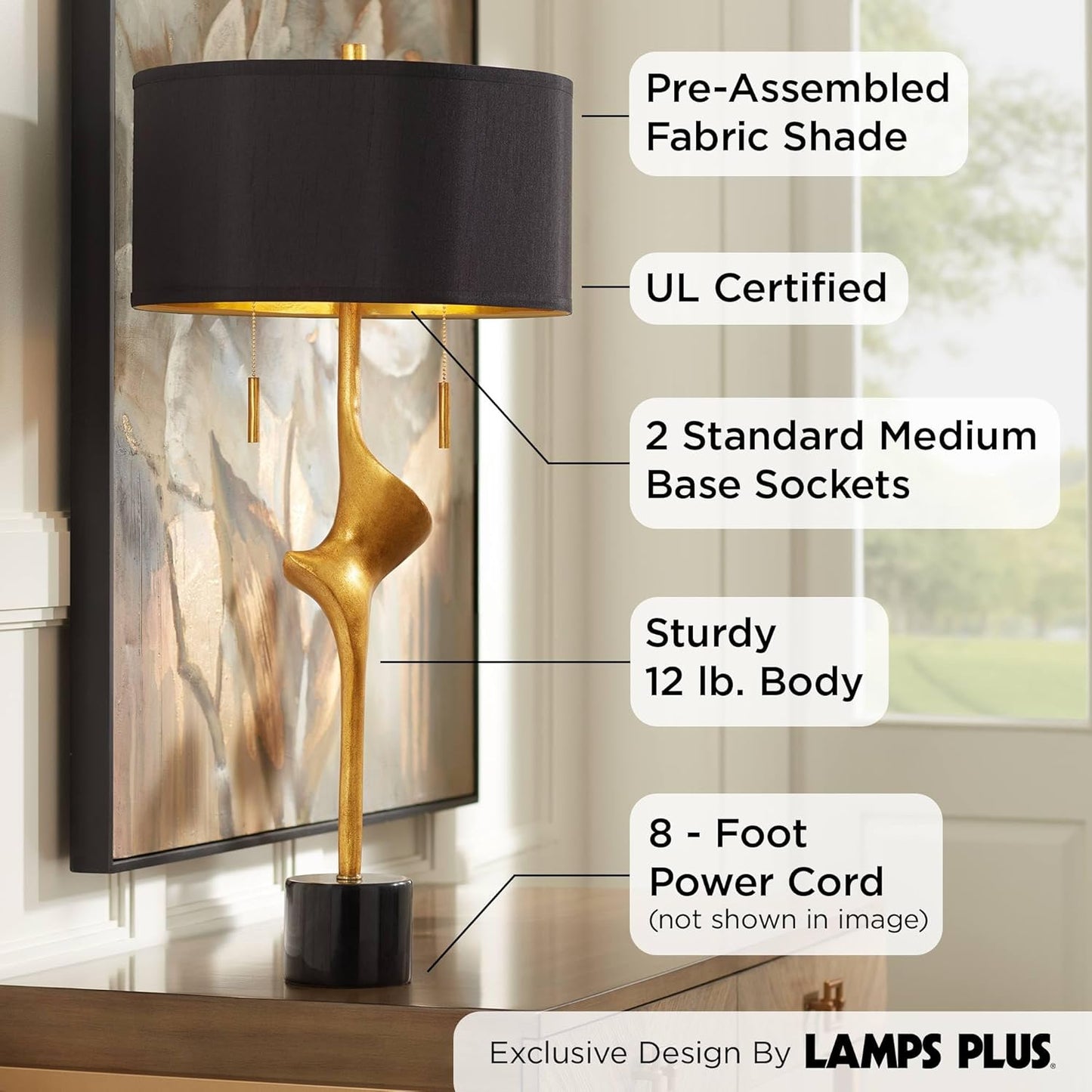 Possini Euro Design Athena Mid Century Modern Buffet Table Lamp 35 1/2" Tall Skinny Sculptural Gold Leaf Metal Abstract Black Drum Shade Decor Bedroom Living Nightstand Bedside Office Kids Room