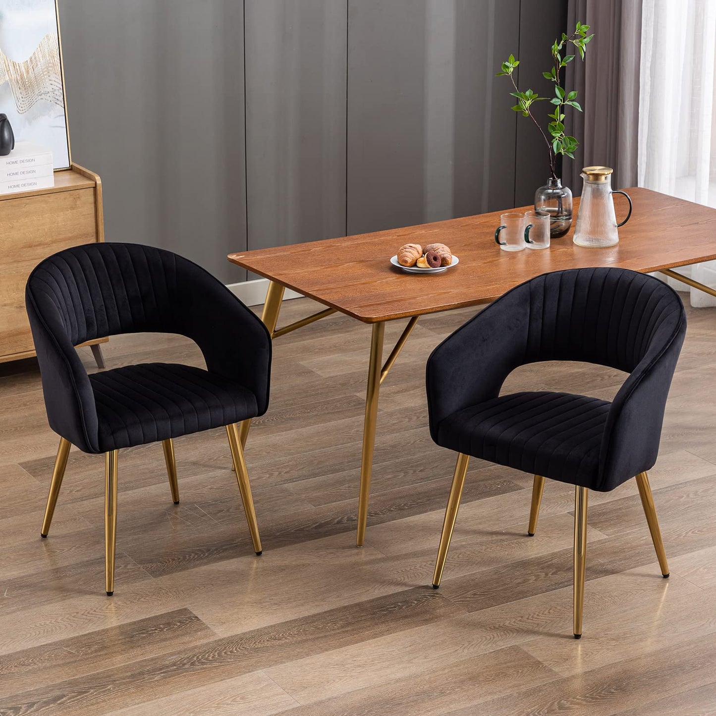 Modern Velvet Dining Chairs Set of 2, Upholstered Gold Dining Chairs with Hollow Back, Dining Room Chairs with Gold Legs, Accent Armrest Kitchen Chairs for Living Room Reception Teal Blue