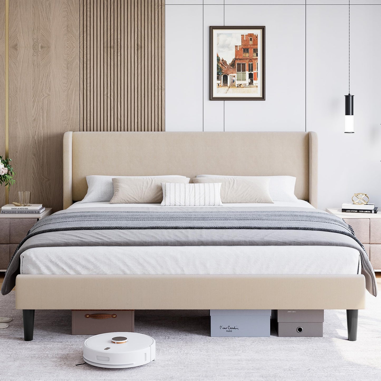 IDEALHOUSE King Upholstered Bed Frame with Wingback Headboard, Luxurious Velvet Upholstery Platform Bed, Wooden Slat Support, and Easy Assembly - Box Spring Optional, Light Gray