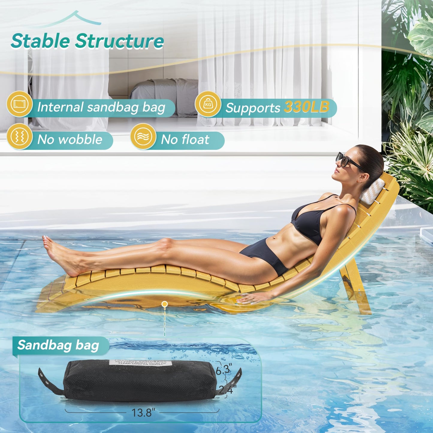 Folding Pool Lounge Chairs Set of 2, HDPS Anti-Floating Lounge Chairs for in-Pool Use, Chairs with Headrest for Hotel, Resort, Poolside, Beach & Sun Decks, Yellow