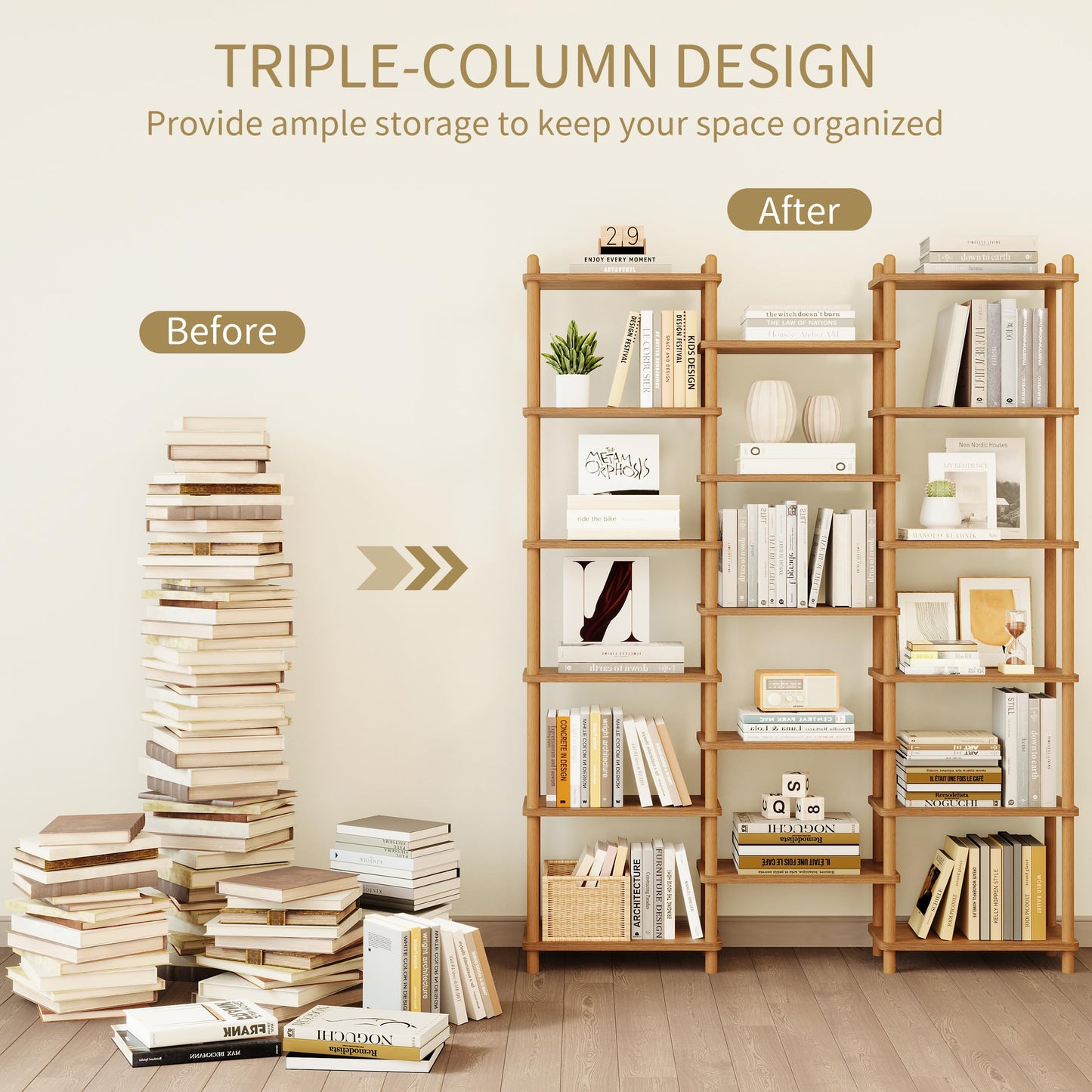 IOTXY Wooden Triple Wide Bookshelf - 5-Tier Large Shelf Bookcase with Solid Beech Frame, Tall Freestanding Open Etagere Display Rack for Home Office, Walnut