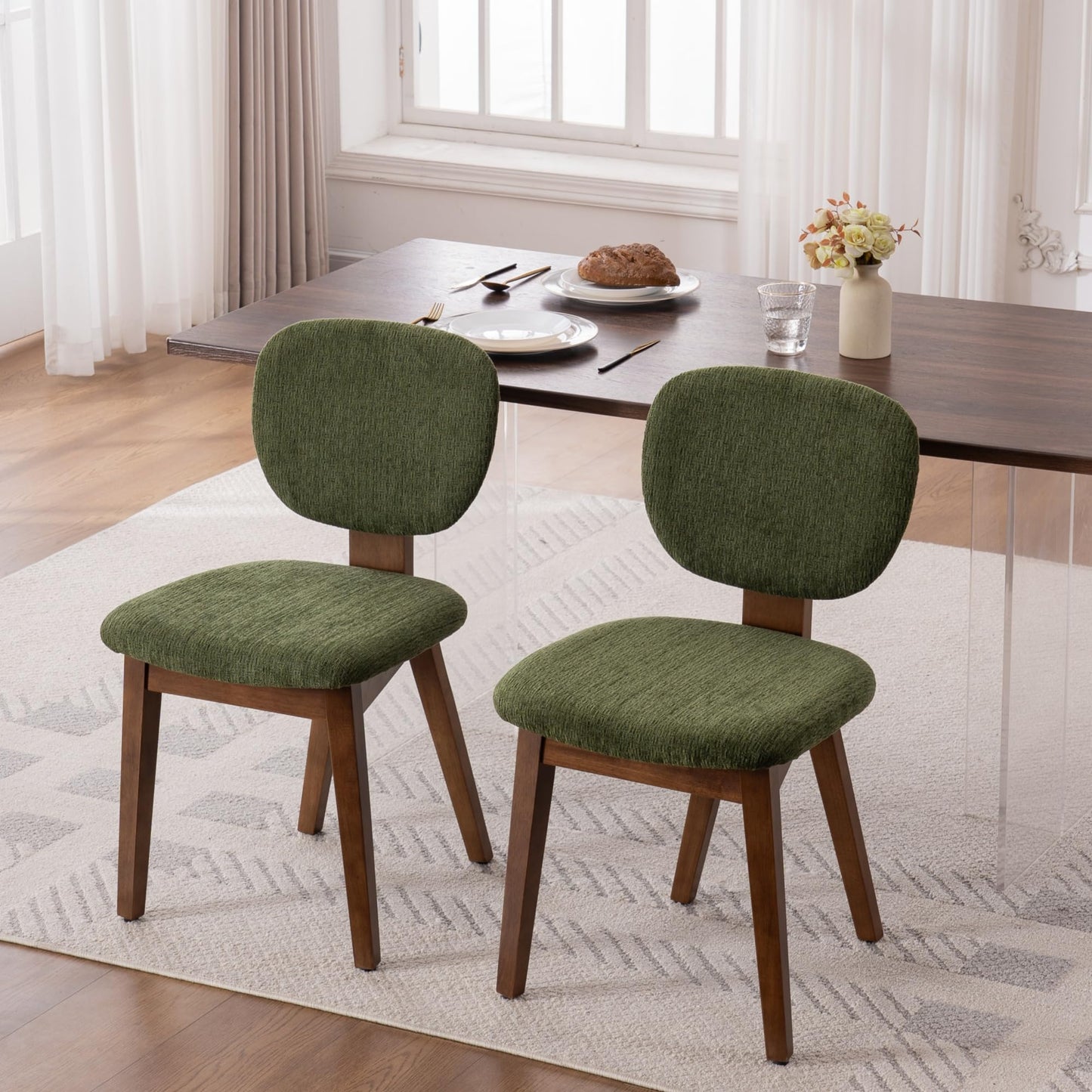 VKNOW Wooden Dining Chairs Set of 4, Mid Century Modern Upholstered Kitchen Side Chairs, Chenille Dining Room Chair with Curved Seat Backrest for Home Dining Room,Green