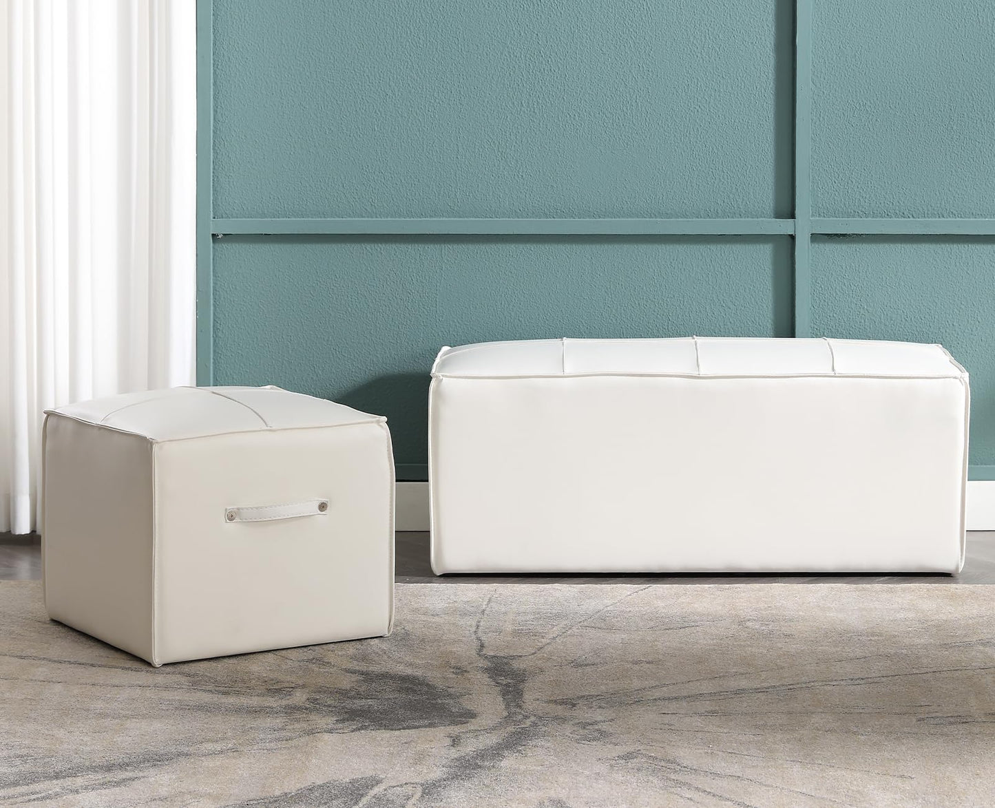 chairus Square Ottoman Upholstered PU Leather Foot Stool 18" Wx18 Dx16.25 H Ottoman Foot Rest with Handle Stool Ottoman Chair for Living Room Bedroom Decoration Kids Room, White