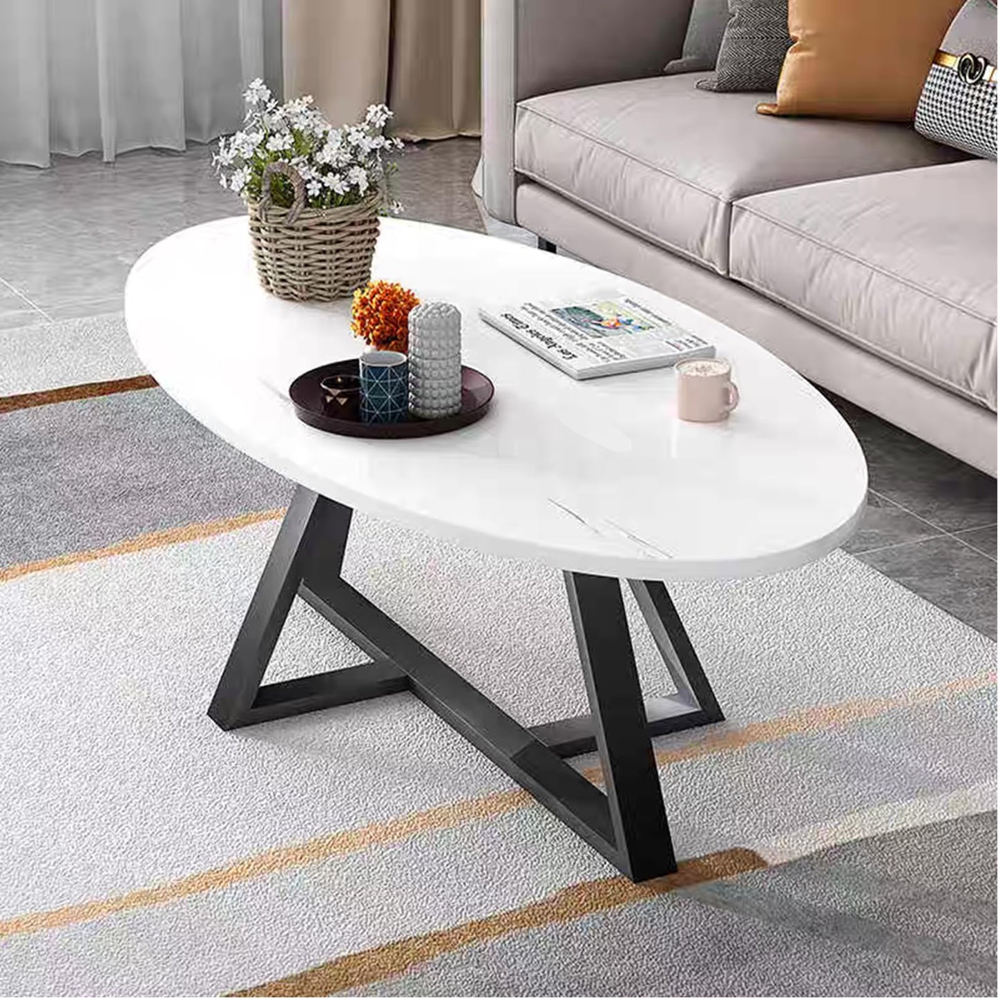 Coffee Table White Faux Marble Coffee Table for Living Room,Oval Center Tables Modern Tea Table for Small Space,Wooden Living Room Tables End Table with Sturdy Gold Metal Leg