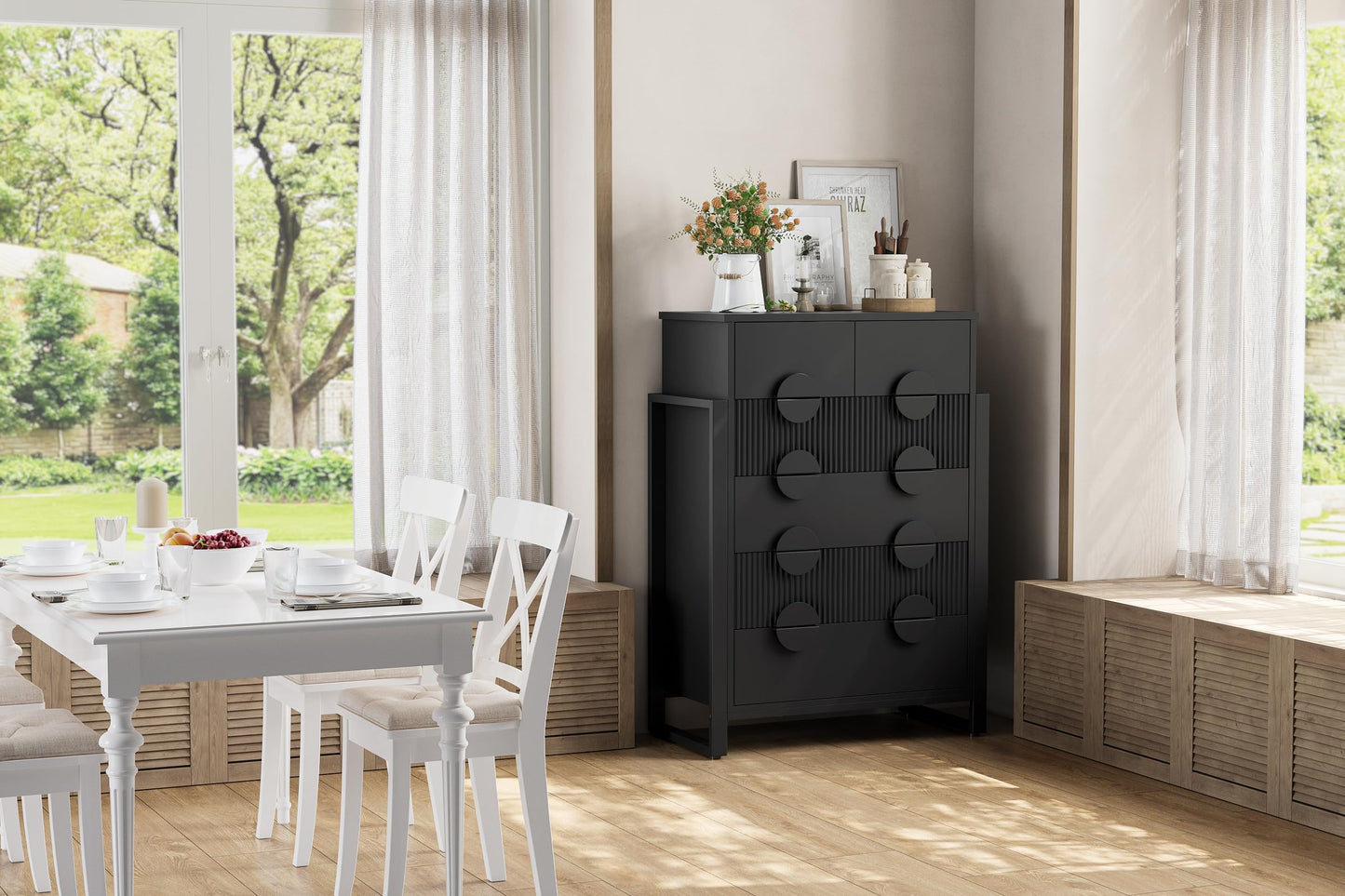 LGHM Fluted Gray Dresser for Bedroom, 50" Wide Chest of Drawers, Modern 6 Deep Drawers Dresser with Raised H Legs -Curved Profile Design, Easy Round Handles for Bedroom,Livingroom, Hallway, Gray