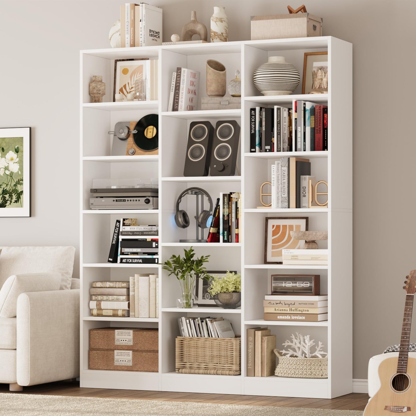Triple Wide Bookshelf, 6 Tier Large Bookshelf, Bookcase with 17 Open Display Shelves, 74'' Tall Bookcases and Bookshelves for Living Room, Home Office, Library, White