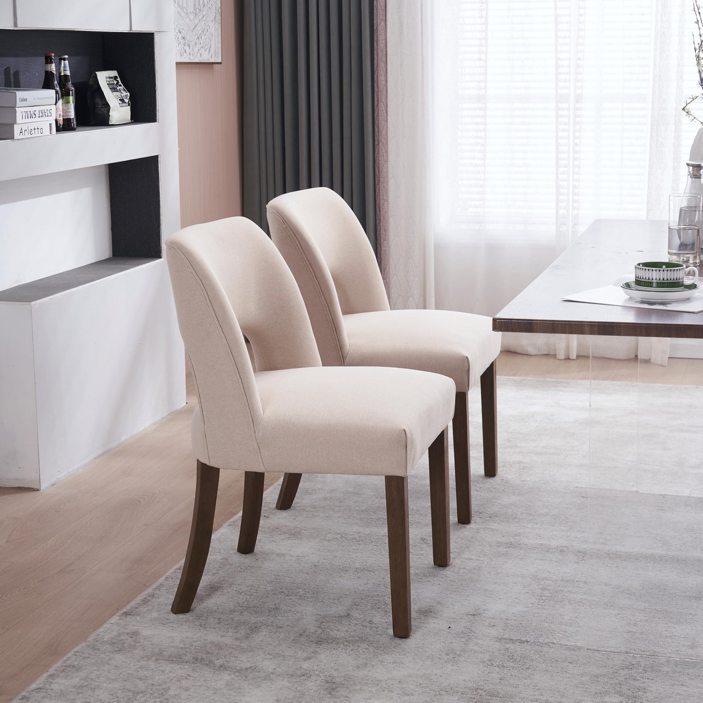 VKNOW Wooden Dining Chairs Set of 2, Modern Fabric Upholstered Dining Room Chair Kitchen Chairs, Farmhouse Dinner Chair for Kitchen Dining Room, Beige-Black Legs