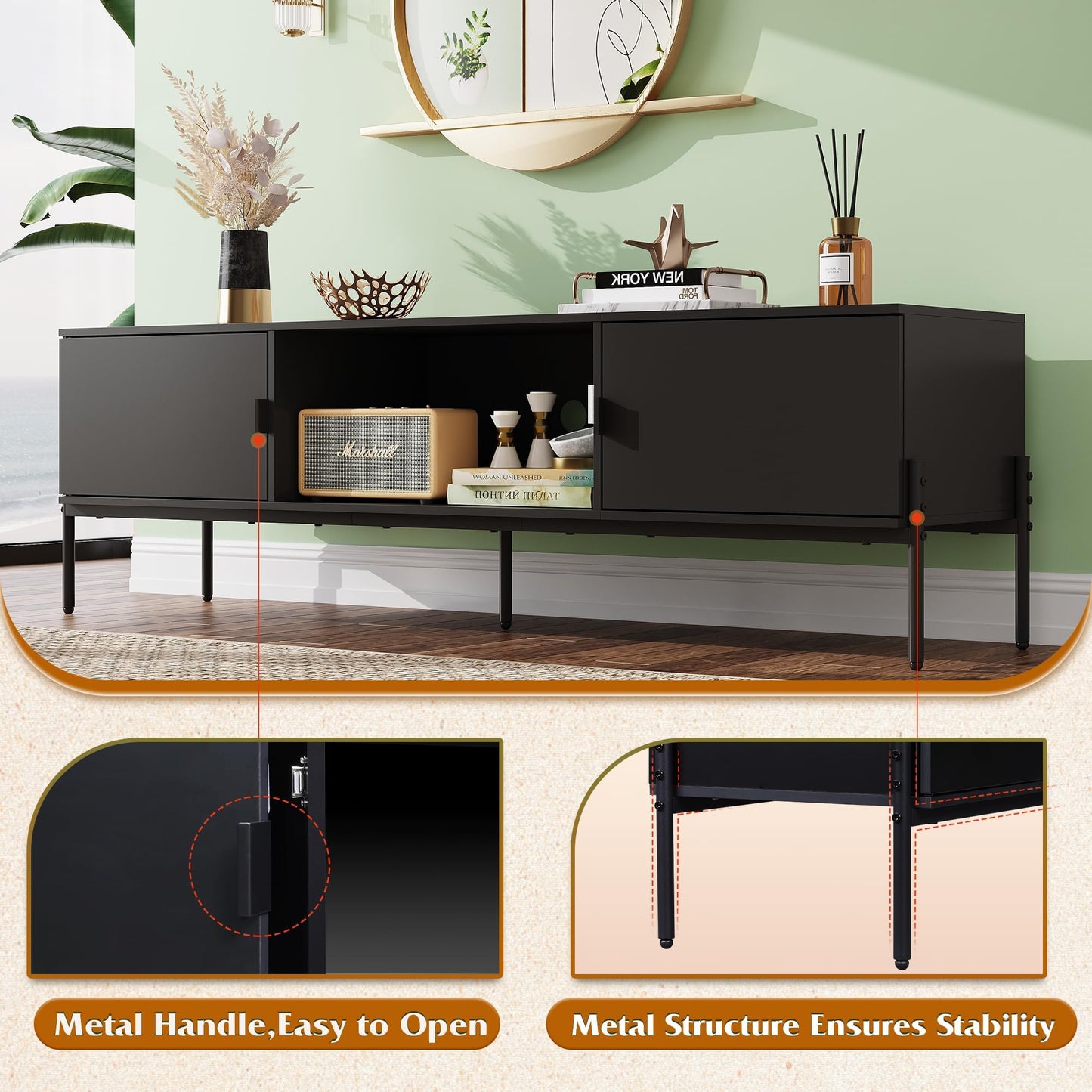 WLIVE Modern TV Stand for 65 Inch TV, Mid Century Entainment Center with Storage Cabinets, TV Console for Bedroom and Living Room, TV Cabinet with Metal Legs, White