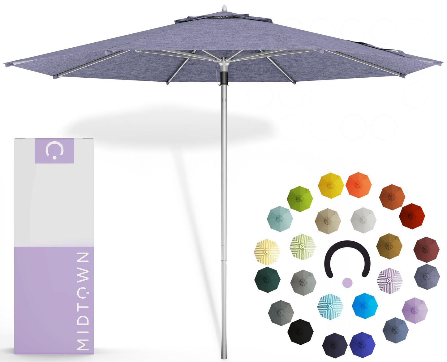 Midtown Umbrellas Push and Pop 9 Feet Outdoor Umbrella With Terylast Black/White Stripes Polyester Fabric - Fiberglass Ribs Deck Patio, Backyard, Garden & Pool - Silver Pole