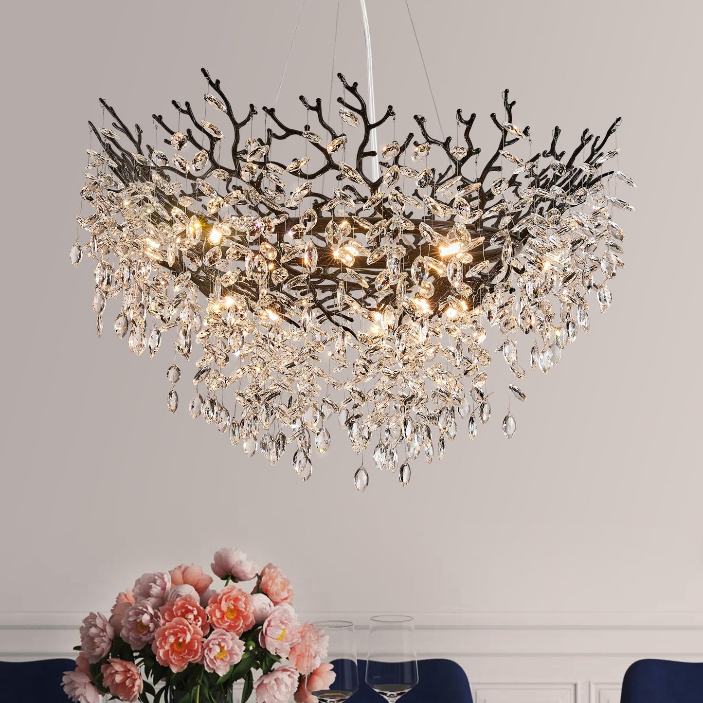 Modern Tree Branch Crystal Chandelier Luxury Silver Crystal Pendant Lighting 18" Contemporary 6-Light Chandeliers for Dining Room Kitchen Bedroom Living Room
