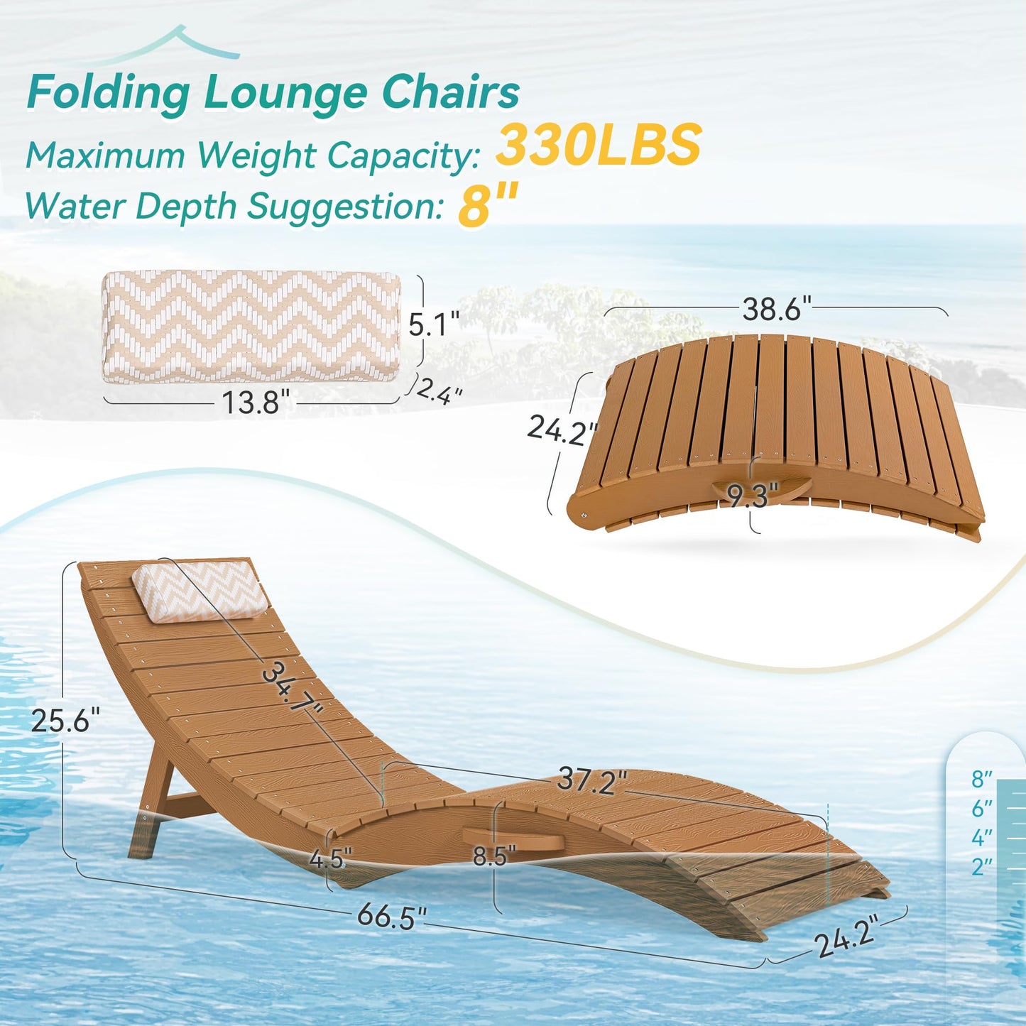 Folding Pool Lounge Chairs Set of 2, HDPS Anti-Floating Lounge Chairs for in-Pool Use, Chairs with Headrest for Hotel, Resort, Poolside, Beach & Sun Decks, Yellow