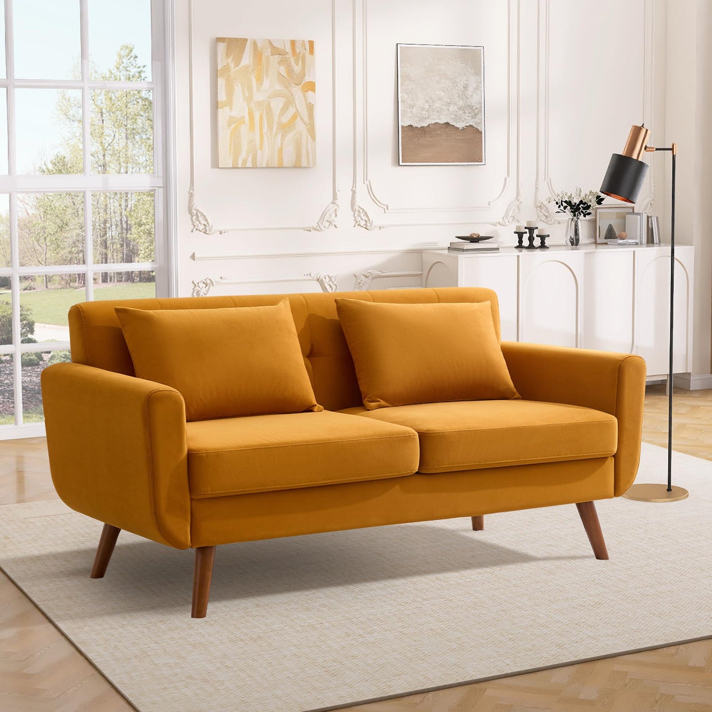 Tbfit 65" W Loveseat Sofa, Mid Century Modern Love Seat Couches for Living Room, Button Tufted Upholstered Small Couch for Bedroom, Solid and Easy to Install Love Seats Furniture, Grey