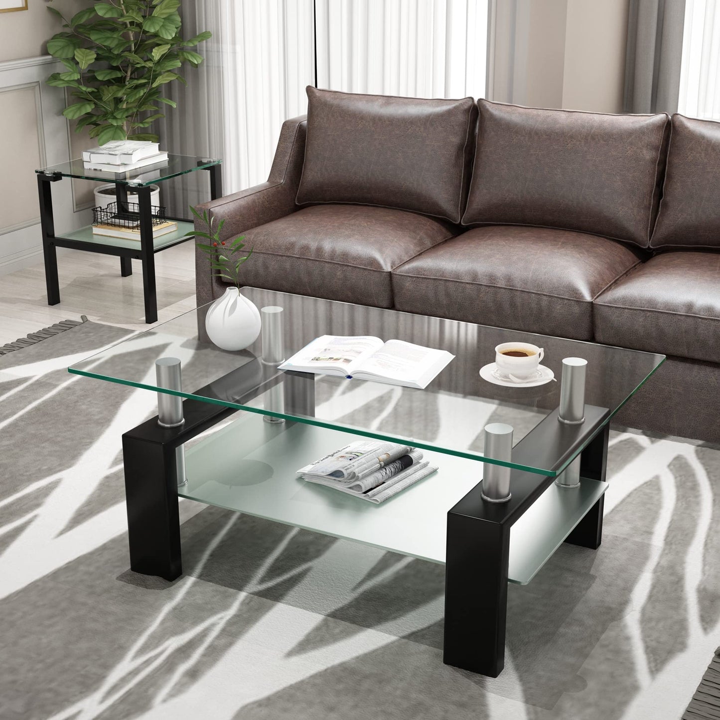 Meihua Tempered Glass Coffee Table for Living Room, Clear Center Table with 0.47 inch Tempered Glass, Transparent Modern Coffee Table