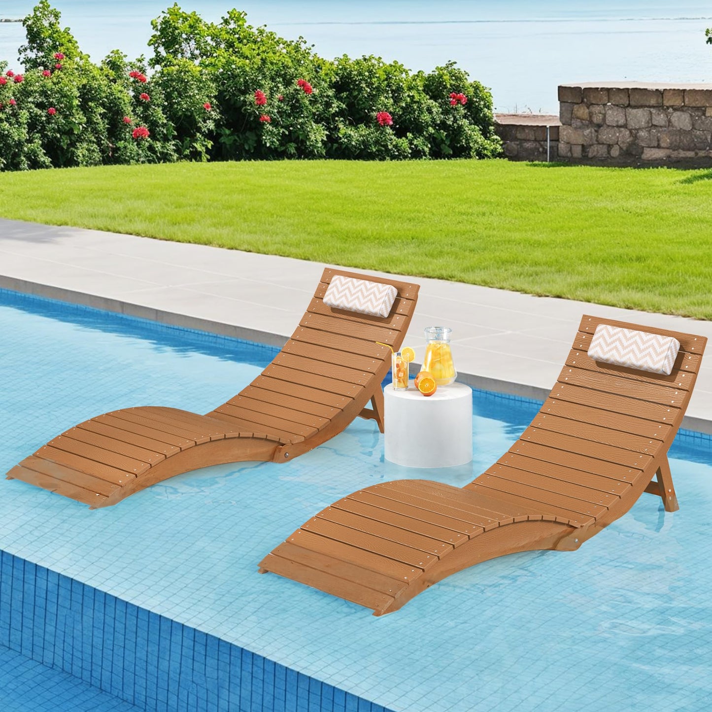 Folding Pool Lounge Chairs Set of 2, HDPS Anti-Floating Lounge Chairs for in-Pool Use, Chairs with Headrest for Hotel, Resort, Poolside, Beach & Sun Decks, Yellow