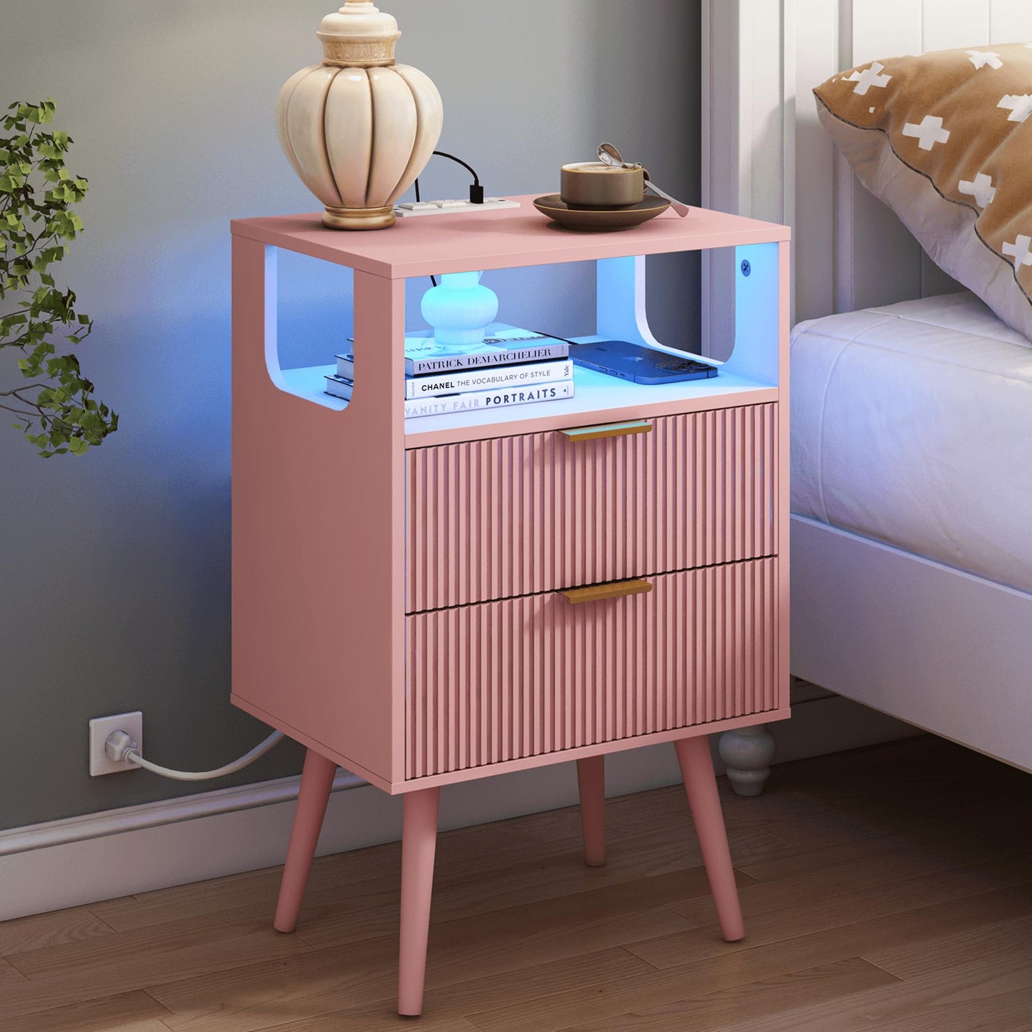 Nightstand with Charging Station and LED Lights,Modern Bedside Table with 2 Storage Drawer and Open Wood Shelf, for Bedroom and Small Spaces,Night Stand with Solid Wood Legs,GreyOak
