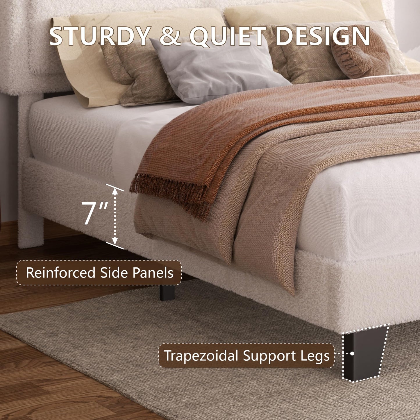 King Size Bed Frame and Headboard, Boucle Upholstered Platform Cloud Bed Frame with Headboard, Soft Teddy Fabric, Modern Style, No Box Spring Required, Easy Assembly, Blue-Black