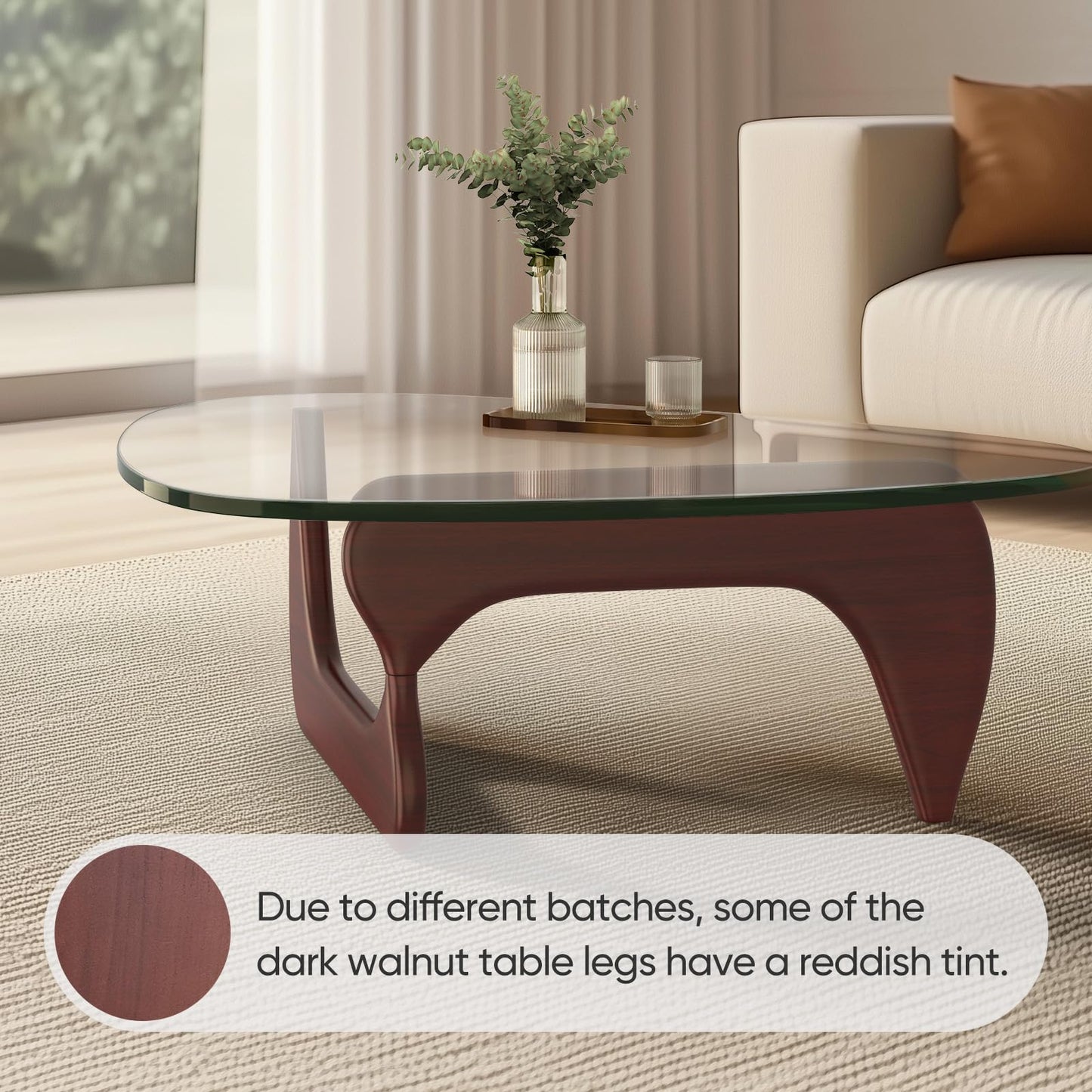 Noguchi Coffee Table – Mid-Century Modern Triangle Glass Coffee Table with Clear Tempered Top & Wood Base, End Table for Living Room Office Hotel Balcony, 50" W x 37.5" D