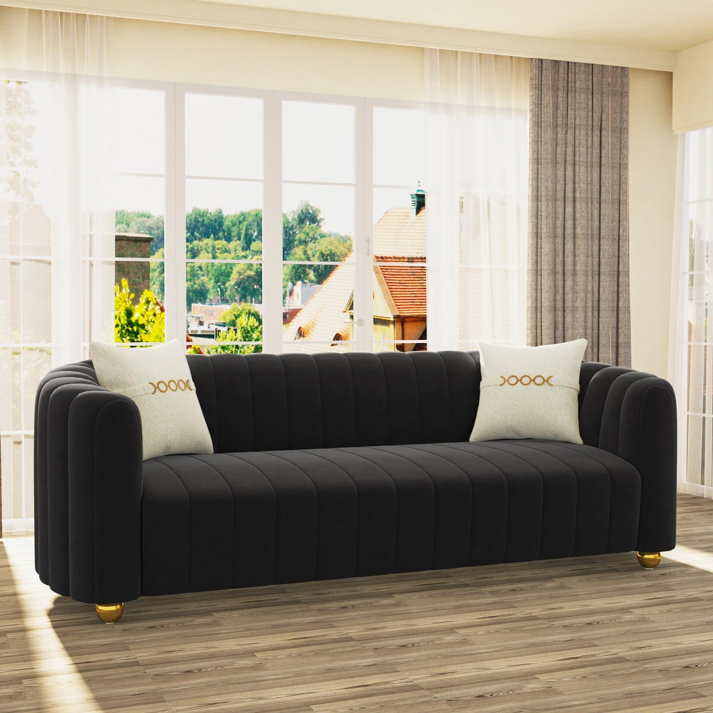 83'' Sofa for Living Room Modern Teddy Short Plush Couch 3-Seater Apartment Sofa with 2 Pillows & Golden Metal Legs