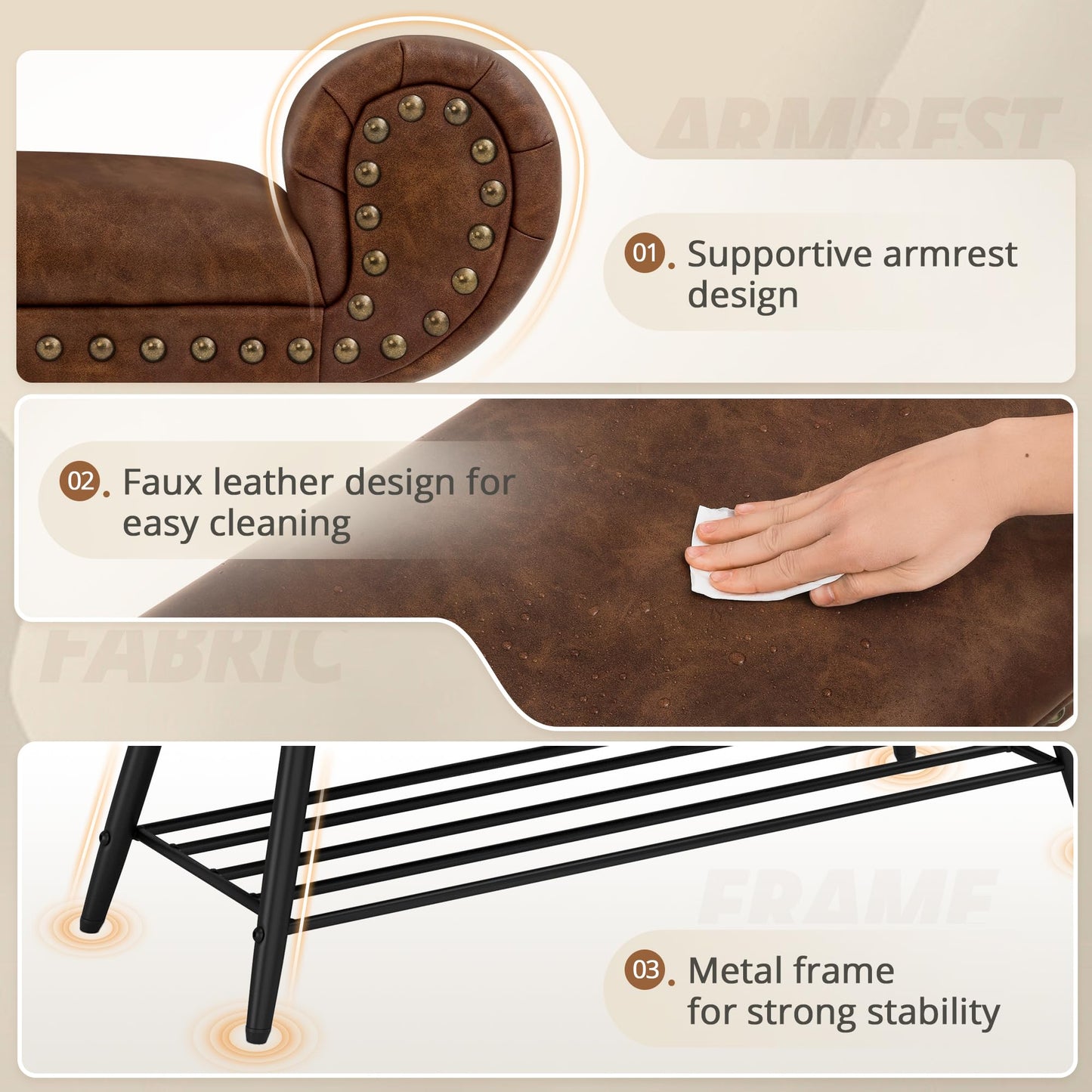 LUE BONA 45.3" End of Bed Bench, Modern Bedroom Leather Upholstered Shoe Benches, Ottoman with Stable Metal Frame and Solid Shelf for Bedroom, entryway, Living Room,Foyer, 330LB, Brown