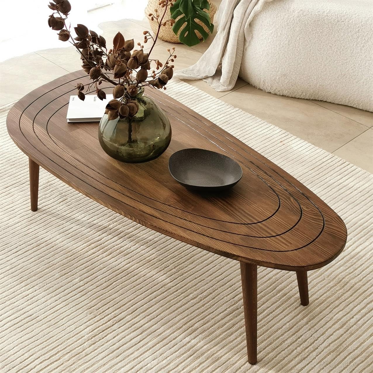 Solid Wood Oval Coffee Table, Engraved Wooden Center Table, Modern Surfboard Table, Mid Century Aesthetic Low Coffee Table, Vintage Living Room Furniture (Walnut)