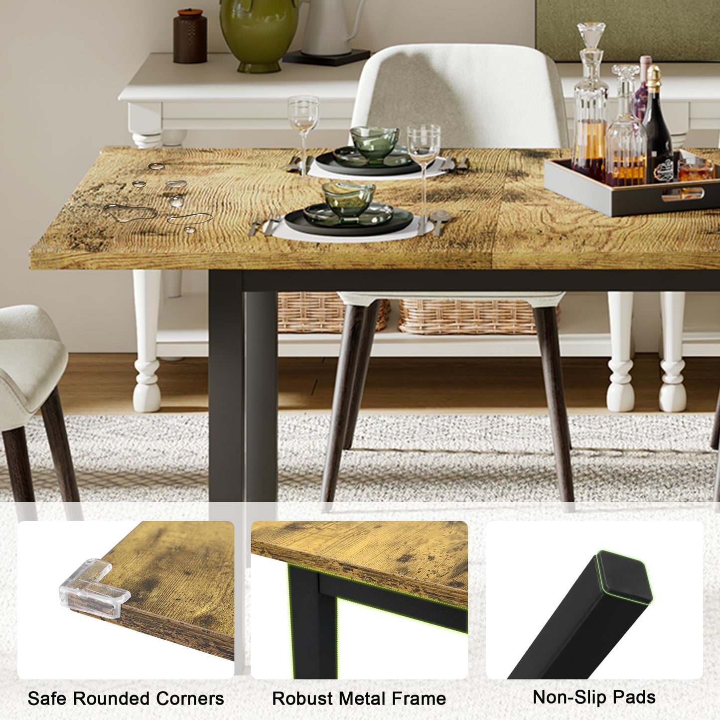 Feonase 63" Extendable Dining Table, Modern Farmhouse Dining Room Table for 4-8, Wooden Kitchen Table for Small Space, Dining Room, Home Office, Living Room Furniture, Walnut