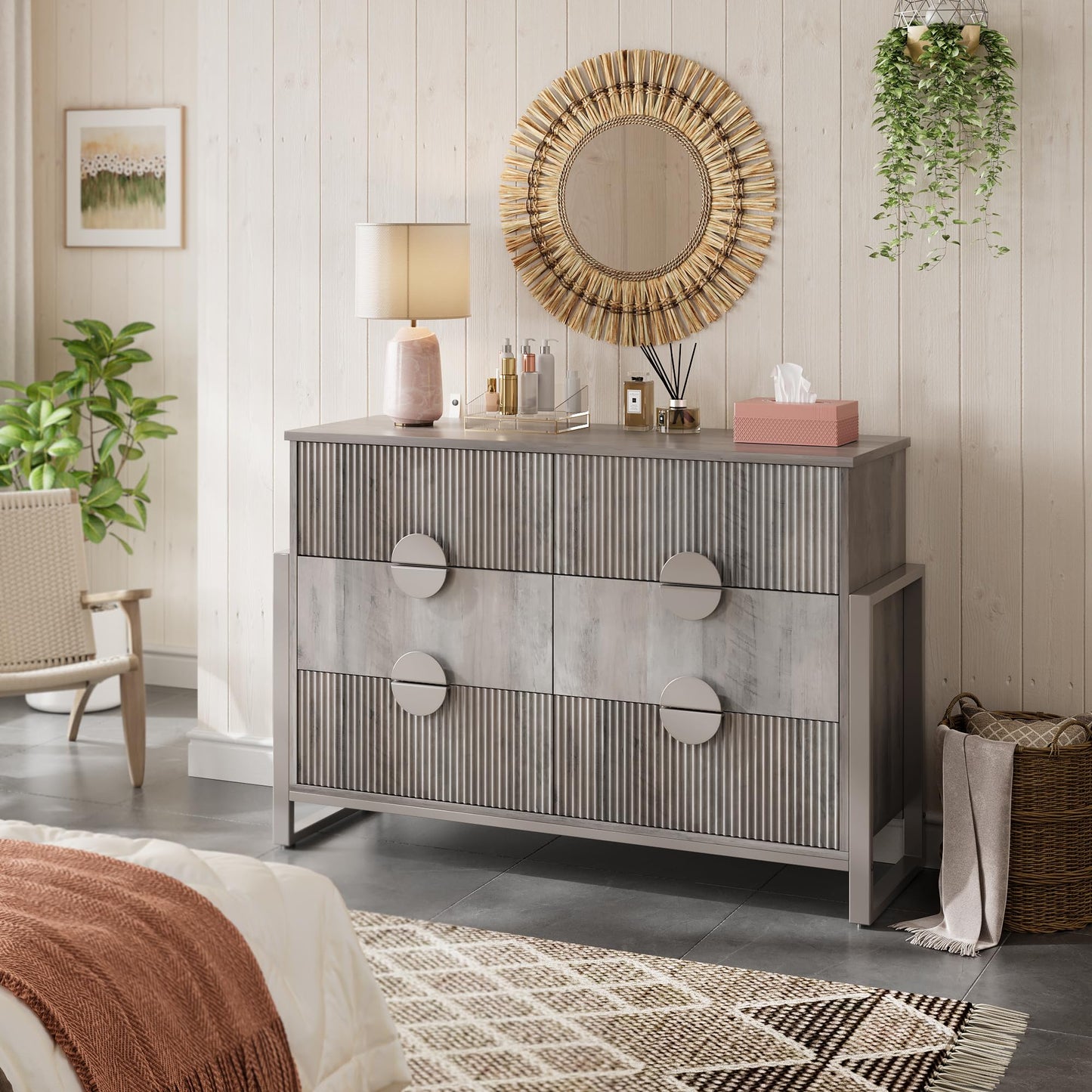 LGHM Fluted Gray Dresser for Bedroom, 50" Wide Chest of Drawers, Modern 6 Deep Drawers Dresser with Raised H Legs -Curved Profile Design, Easy Round Handles for Bedroom,Livingroom, Hallway, Gray