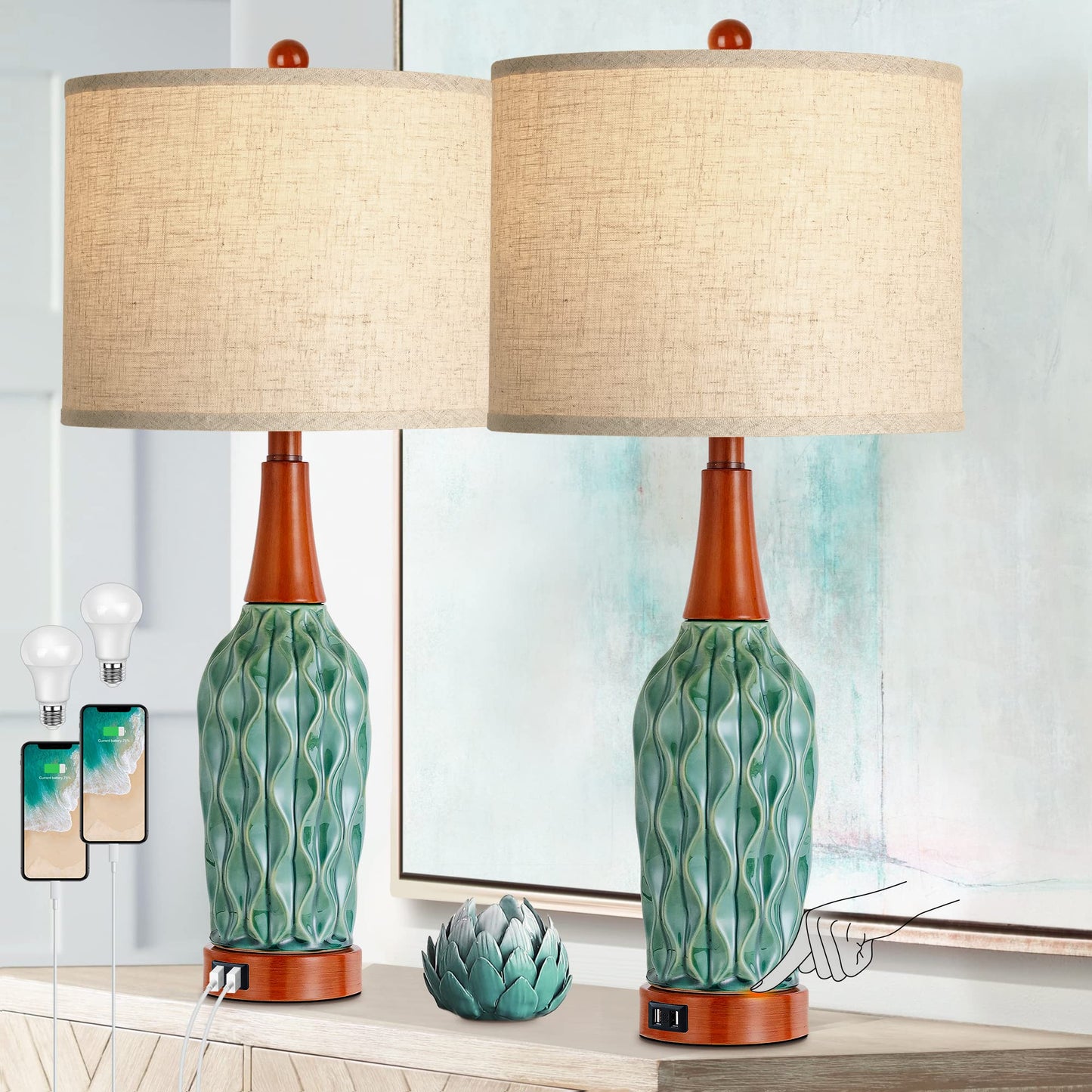 CeramicTable Lamps Set of 2 Lamps for Bedroom Living Room Office 26" Rotary Coastal Bedside Lamp for Nightstand with 2 USB Ports 3-Colors