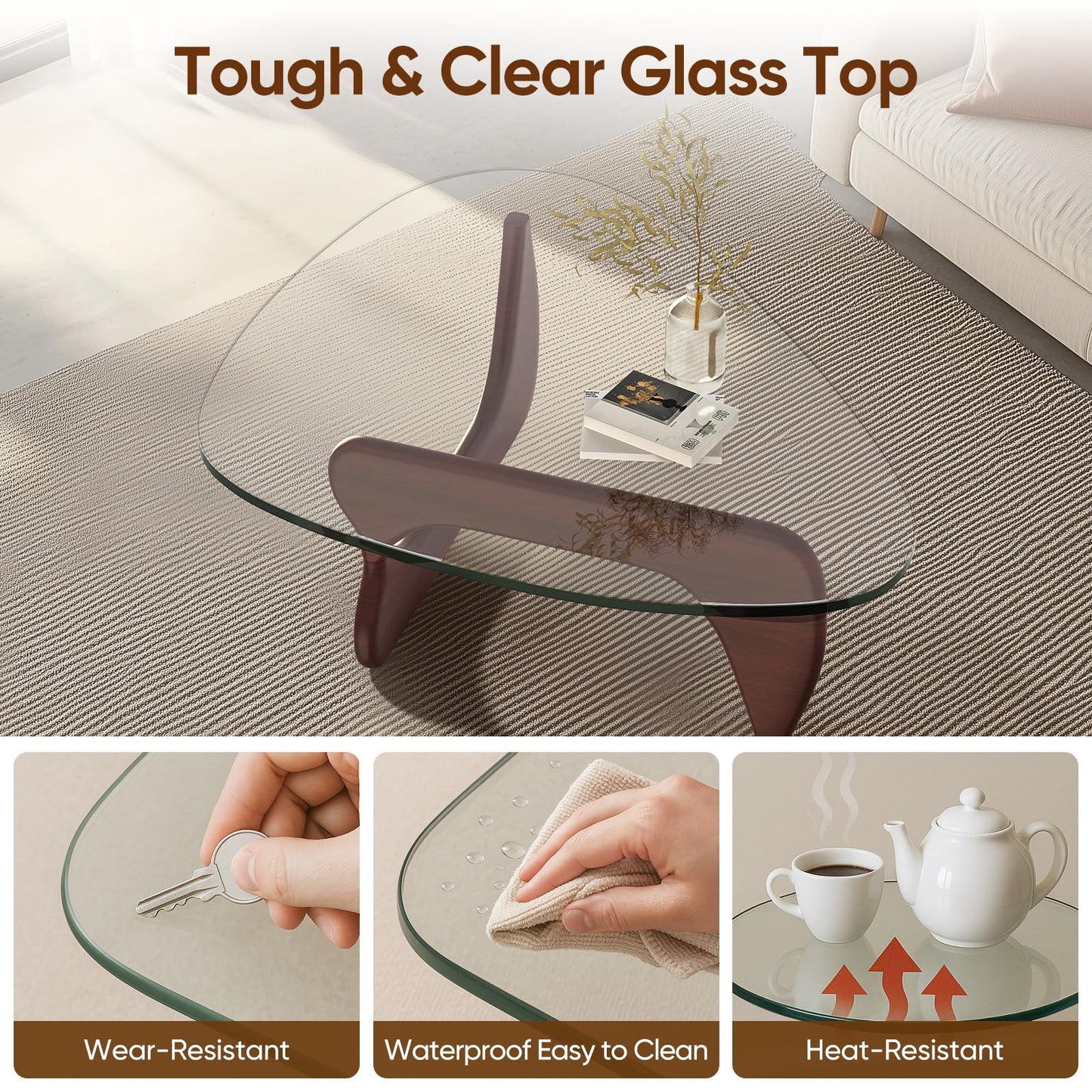 Noguchi Coffee Table – Mid-Century Modern Triangle Glass Coffee Table with Clear Tempered Top & Wood Base, End Table for Living Room Office Hotel Balcony, 50" W x 37.5" D