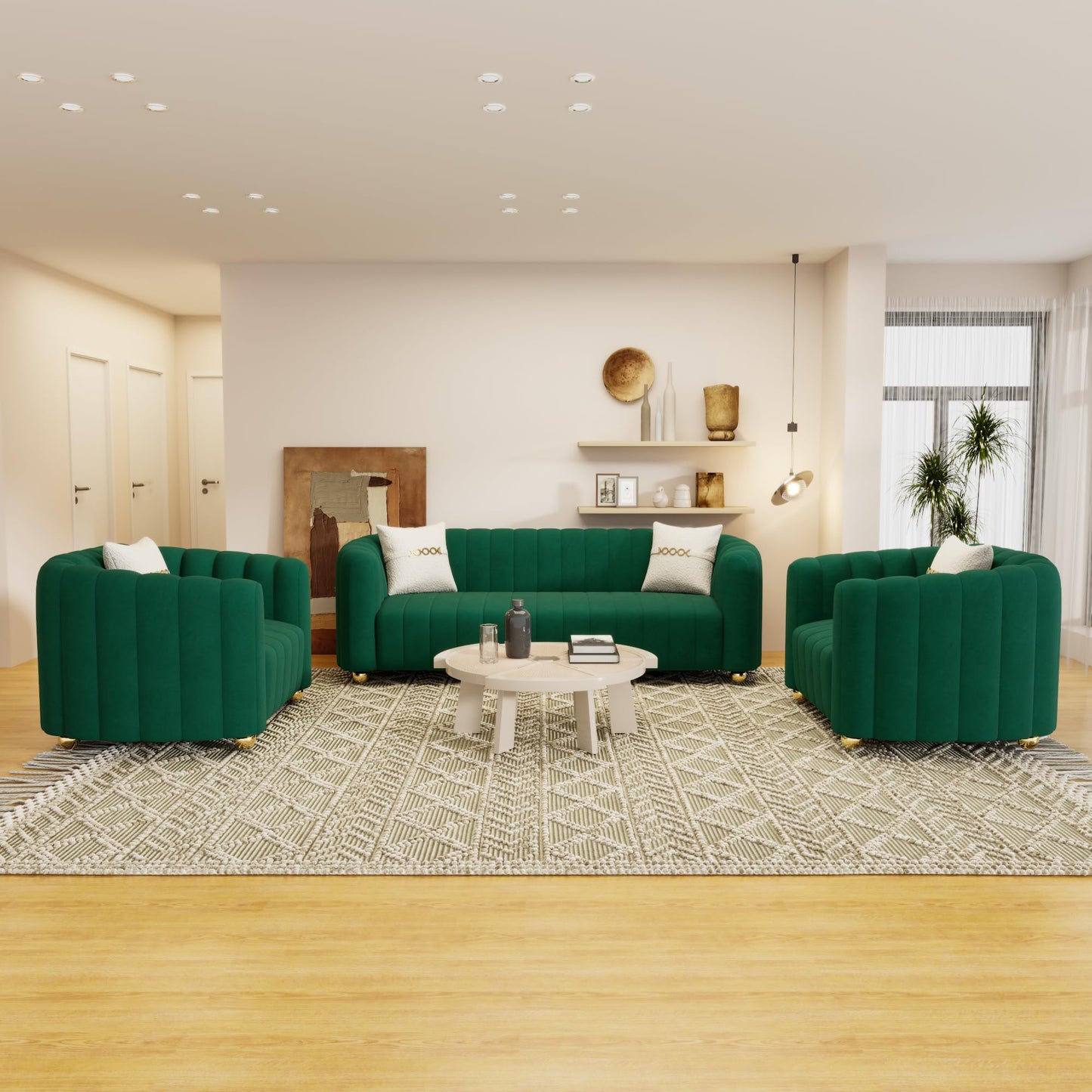 83'' Sofa for Living Room Modern Teddy Short Plush Couch 3-Seater Apartment Sofa with 2 Pillows & Golden Metal Legs