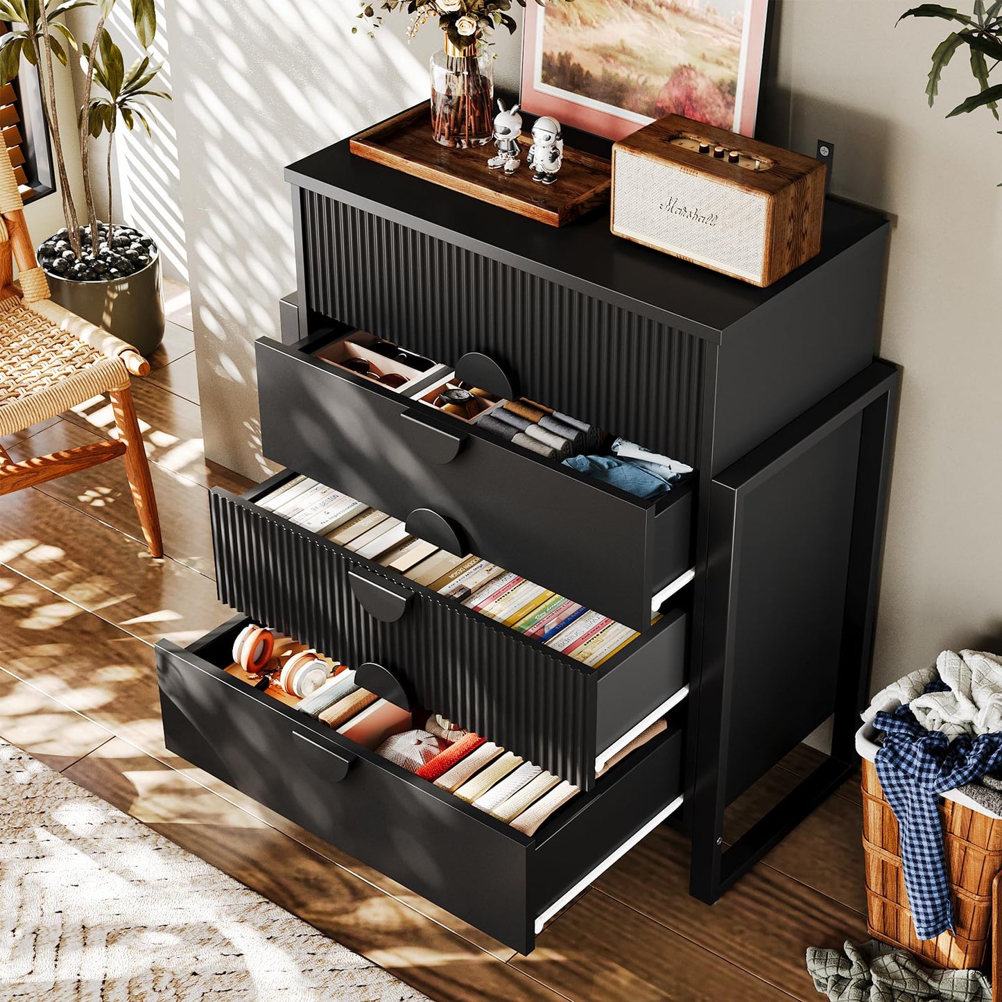 LGHM Fluted Gray Dresser for Bedroom, 50" Wide Chest of Drawers, Modern 6 Deep Drawers Dresser with Raised H Legs -Curved Profile Design, Easy Round Handles for Bedroom,Livingroom, Hallway, Gray