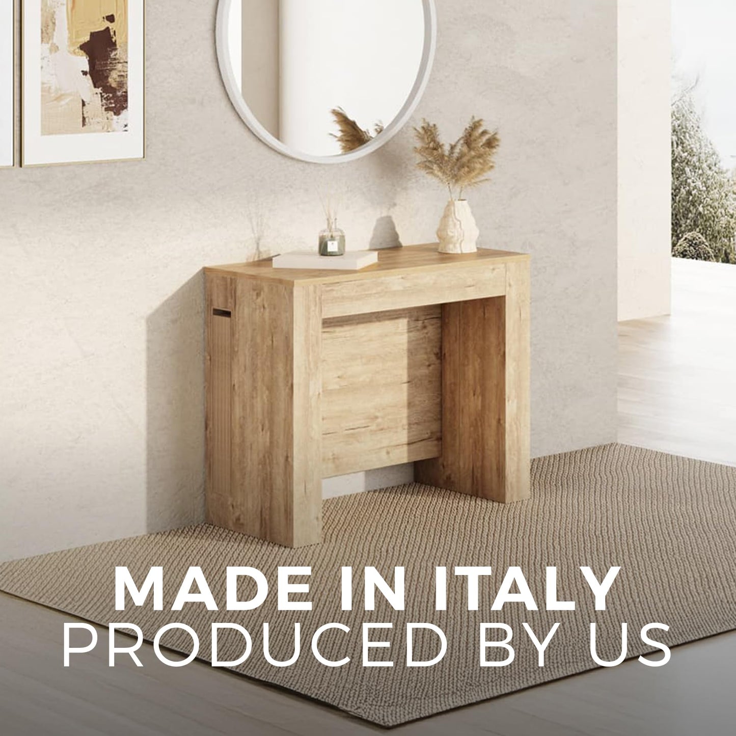 Mobili Fiver, Easy, Extendable Console Table with Extension Leaves Holder, 17.7(120.1) x35.4 in, Rustic Oak, for 4-12 People, Space Saving Dining Table for Entrance, Living Room, Italian Furniture