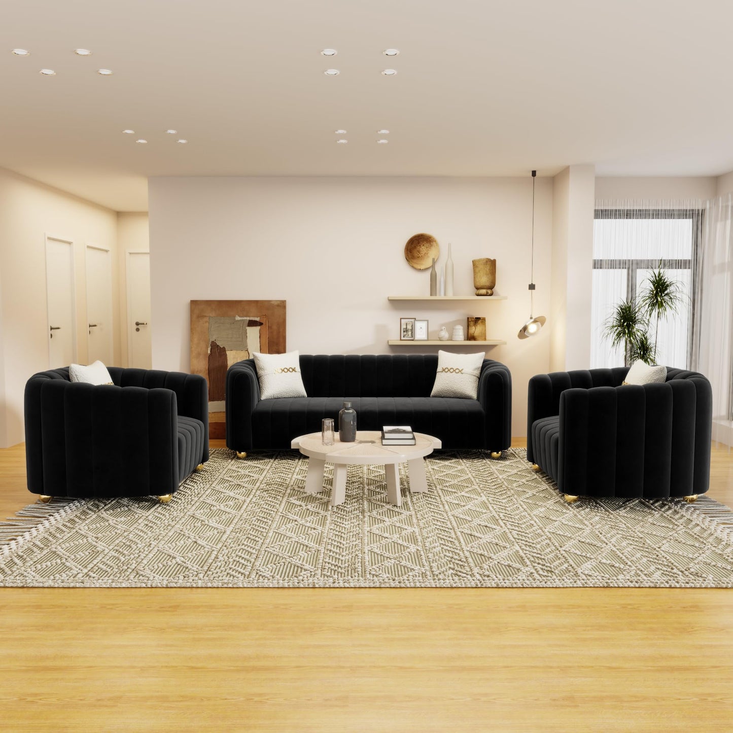 83'' Sofa for Living Room Modern Teddy Short Plush Couch 3-Seater Apartment Sofa with 2 Pillows & Golden Metal Legs