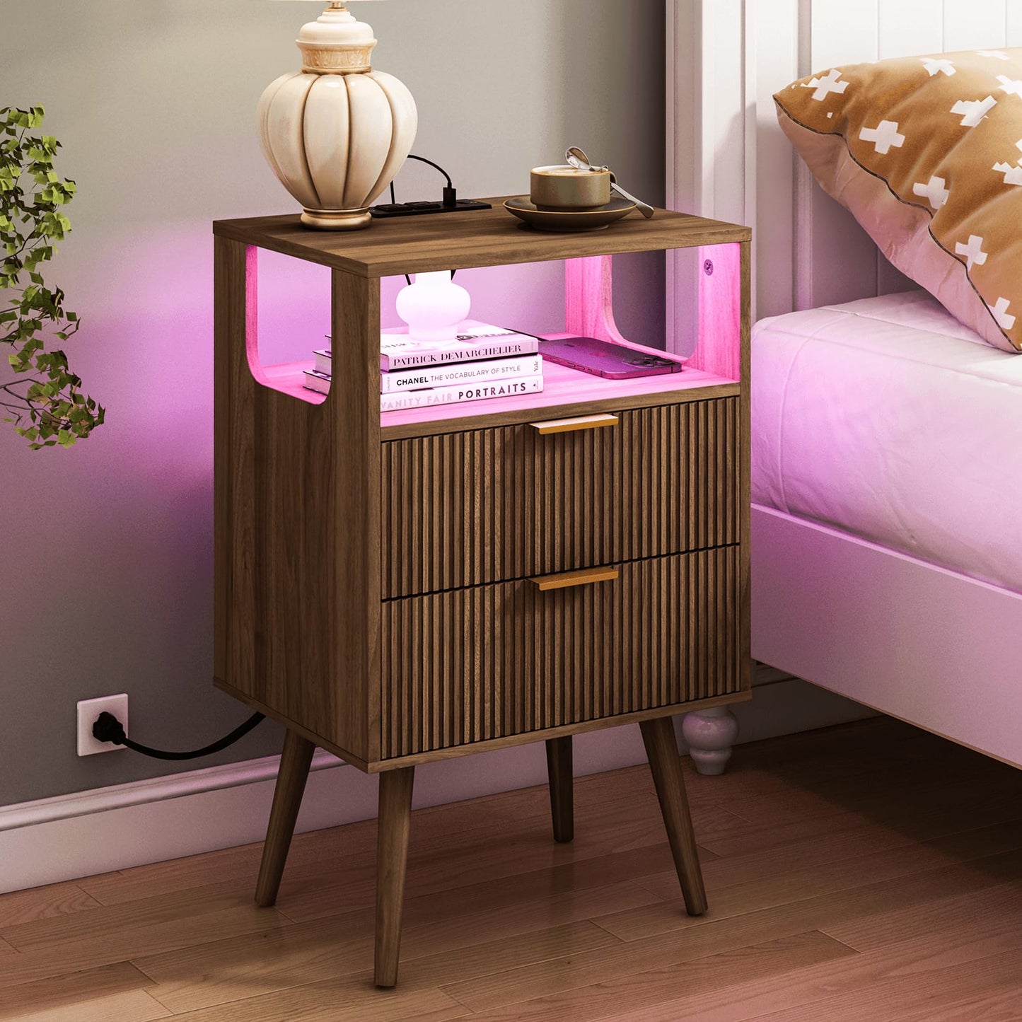 Nightstand with Charging Station and LED Lights,Modern Bedside Table with 2 Storage Drawer and Open Wood Shelf, for Bedroom and Small Spaces,Night Stand with Solid Wood Legs,GreyOak