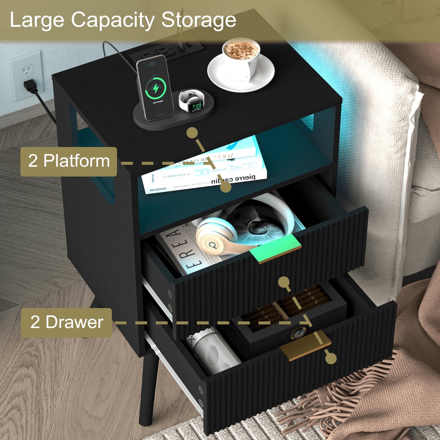 Nightstand with Charging Station and LED Lights,Modern Bedside Table with 2 Storage Drawer and Open Wood Shelf, for Bedroom and Small Spaces,Night Stand with Solid Wood Legs,GreyOak