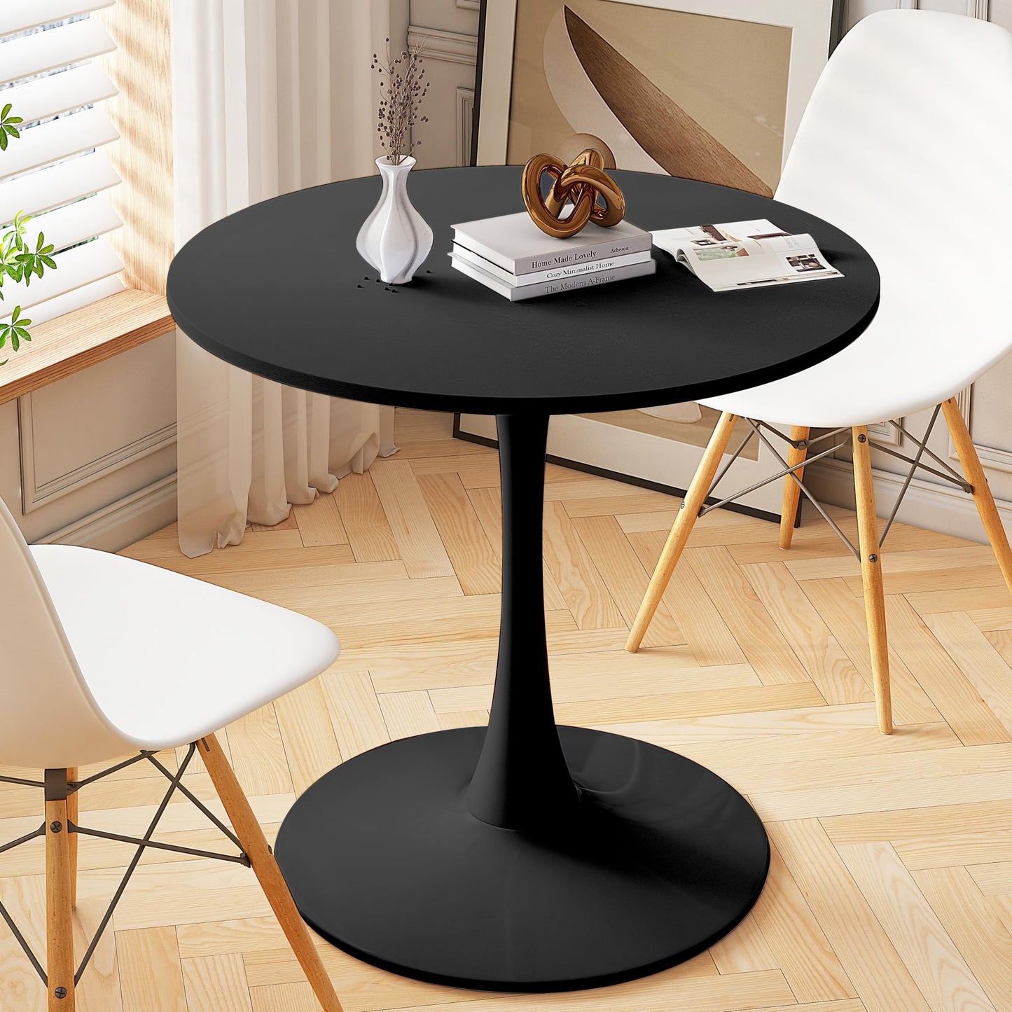 DKLGG 42" Modern Round Dining Table with MDF Top, Metal Base Pedestal Tulip Kitchen Table for 4-6 Person, Small Space Home, End Leisure Coffee Table, White