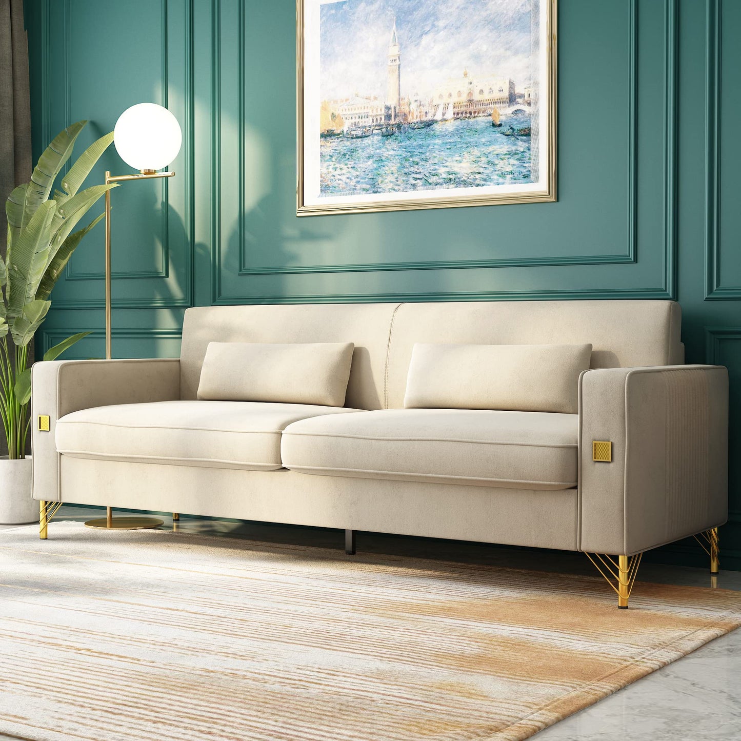 85.63" Velvet Sofa,Modern Loveseat Couch with Pillows Set of 2 for Living Room,Bedroom,Apartment Furniture with Gold Metal Legs (Green)