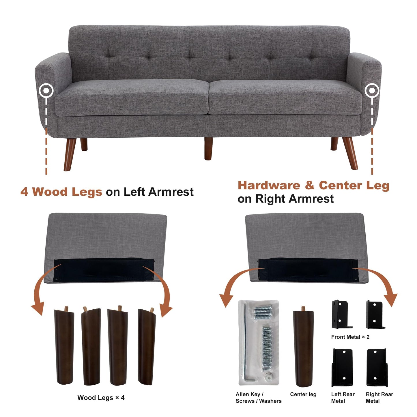 Tbfit 65" W Loveseat Sofa, Mid Century Modern Love Seat Couches for Living Room, Button Tufted Upholstered Small Couch for Bedroom, Solid and Easy to Install Love Seats Furniture, Grey
