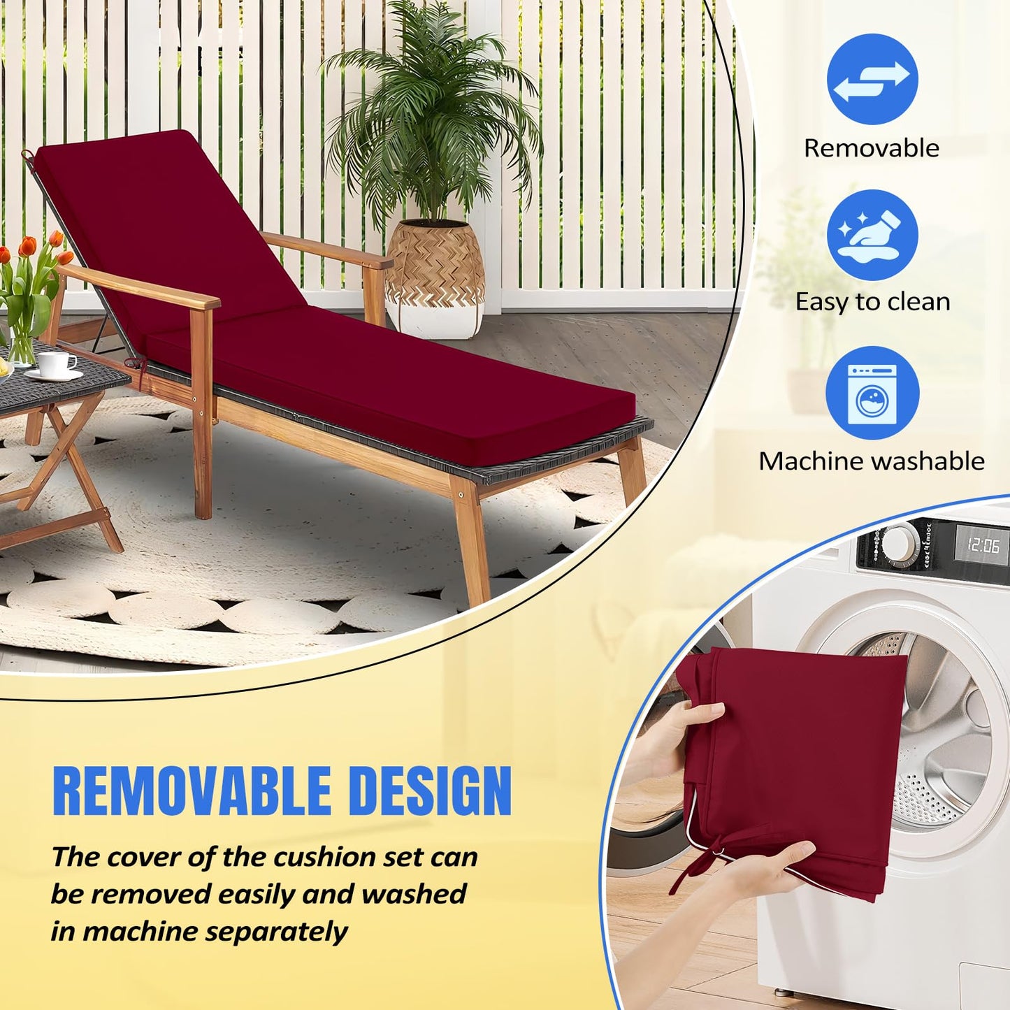 Basic Beyond Chaise Lounge Cushions Outdoor, 3-Layer Waterproof Outdoor Furniture Cushions with Removable Cover and 4 Ties, 72"x21"x3" Patio Lounge Chair Cushions for Outdoor Furniture, Yellow