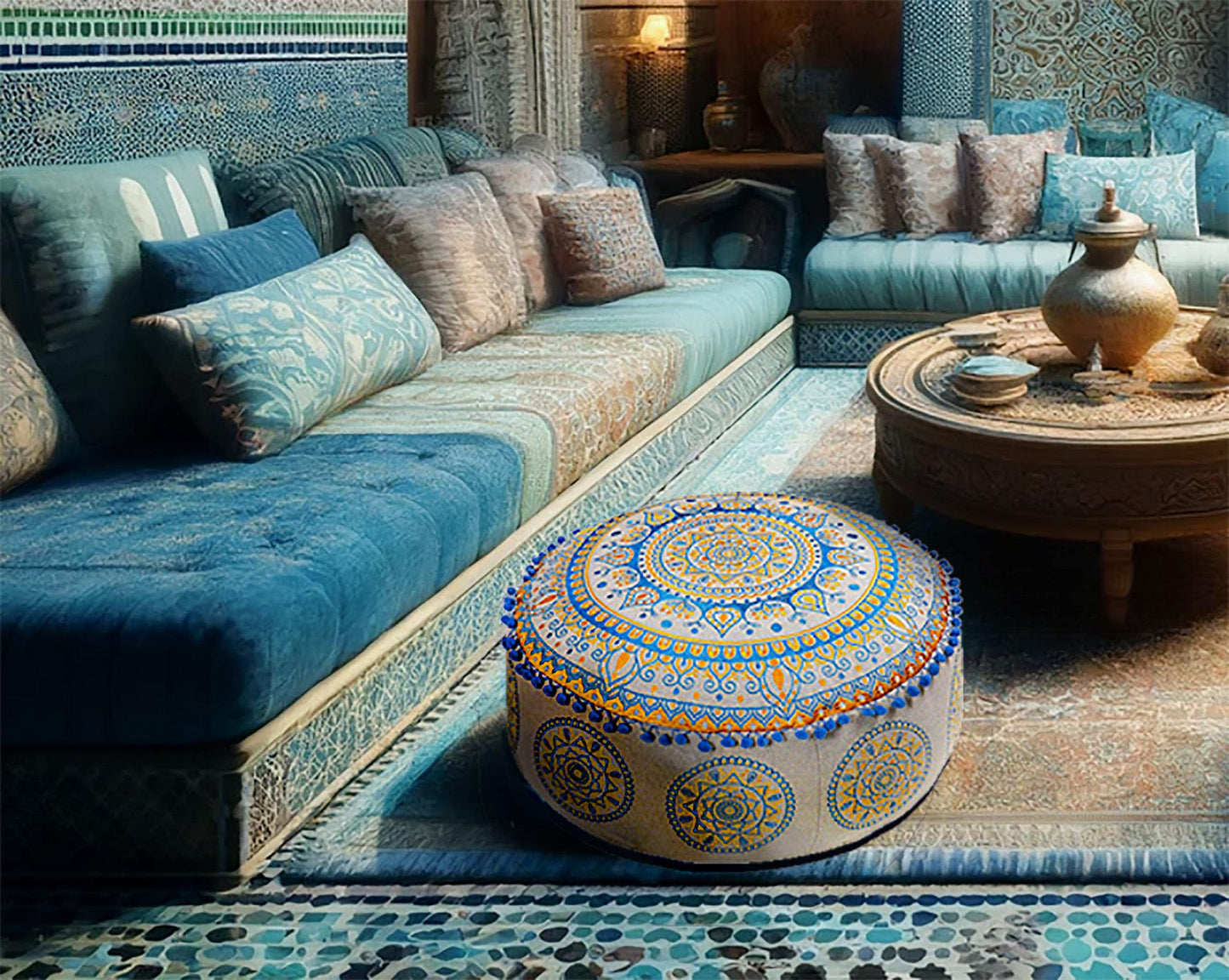 Large Round Floor Pillow Cover Blue Indian Décorative Accent Meditation Cushion Perfect for Living Room, Bedroom, Nursary or Children Room Seating Area Stool Footstool Pouf Ottoman 24x8 Unstuffed