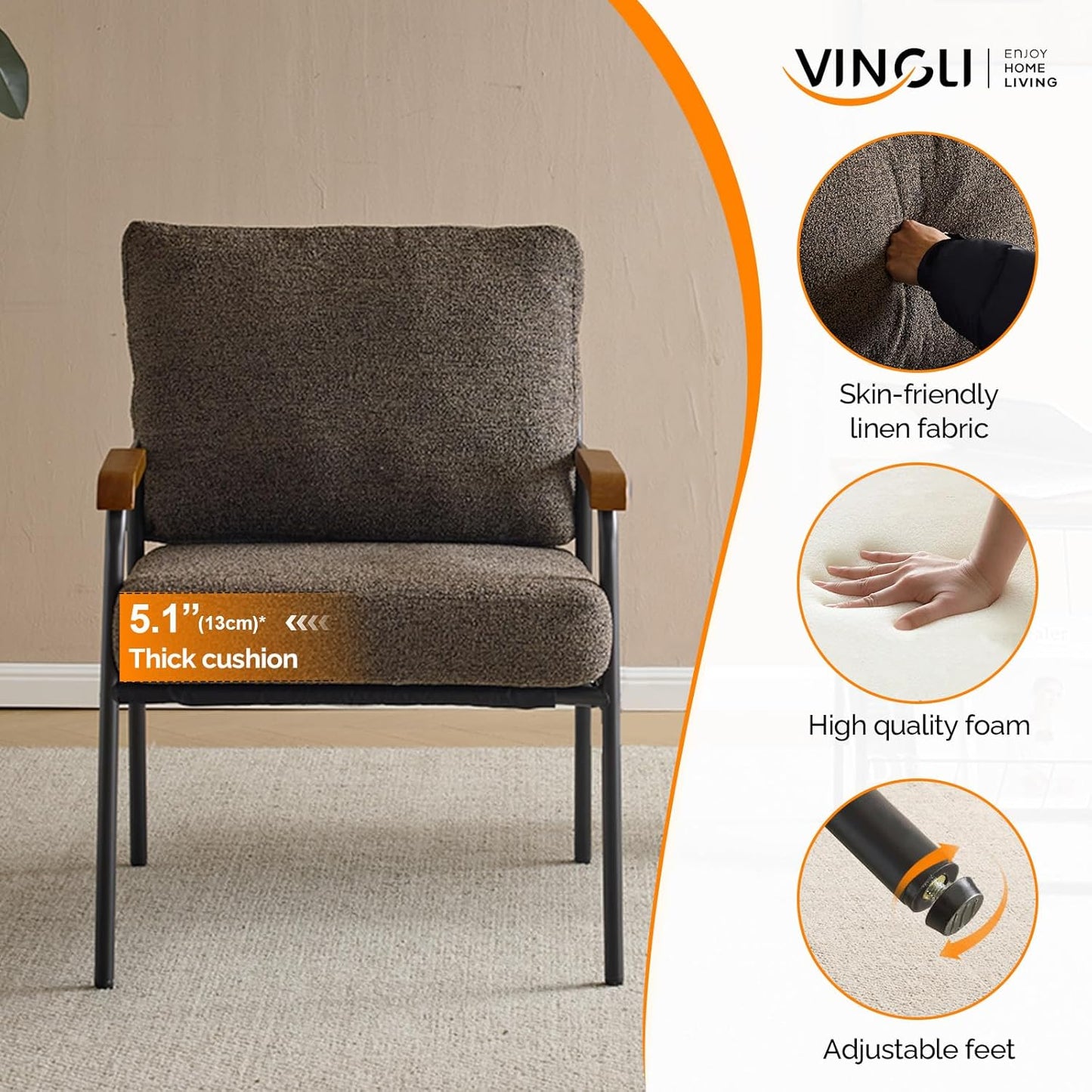 VINGLI Mid-Century Modern Accent Armchiar for Small Space, Small Comfy Upholstered Leisure Reading Chair with Wood Armrest for Bedroom, Living Room, Waiting Room, Linen Teal
