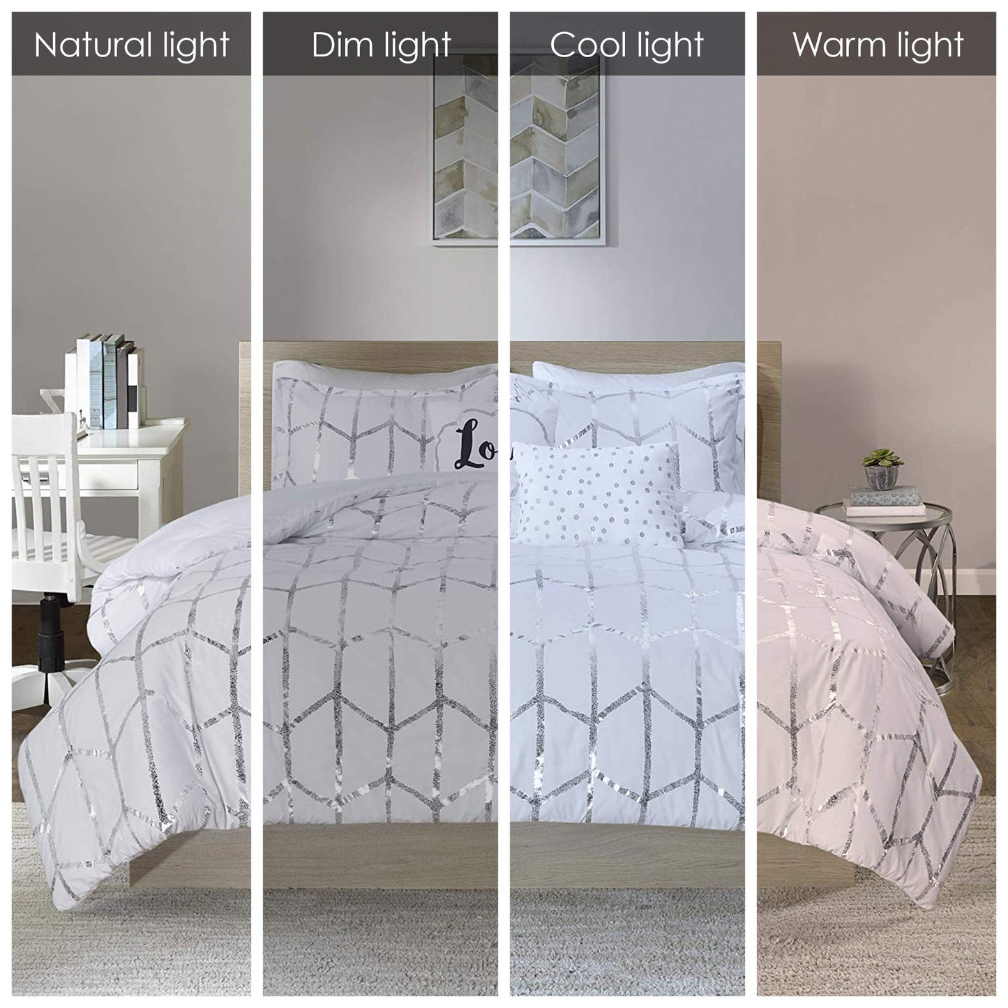 Intelligent Design, Soft Microfiber Comforter Modern Geometric Metallic Bed Set, Full/Queen, Grey/Silver