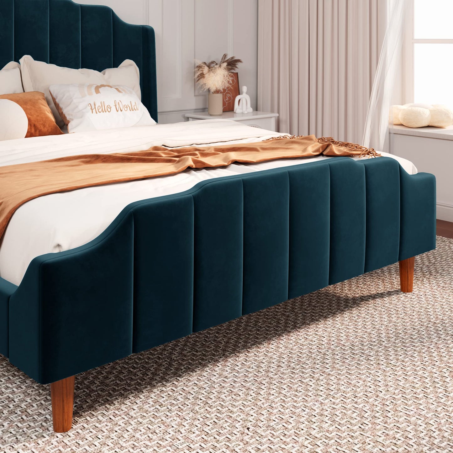Allewie Queen Size Velvet Bed Frame Upholstered Platform Bed with Vertical Headboard and Footboard, Solid Wood Leg and Strong Slats Support, No Box Spring Needed, Easy Assembly, Blue
