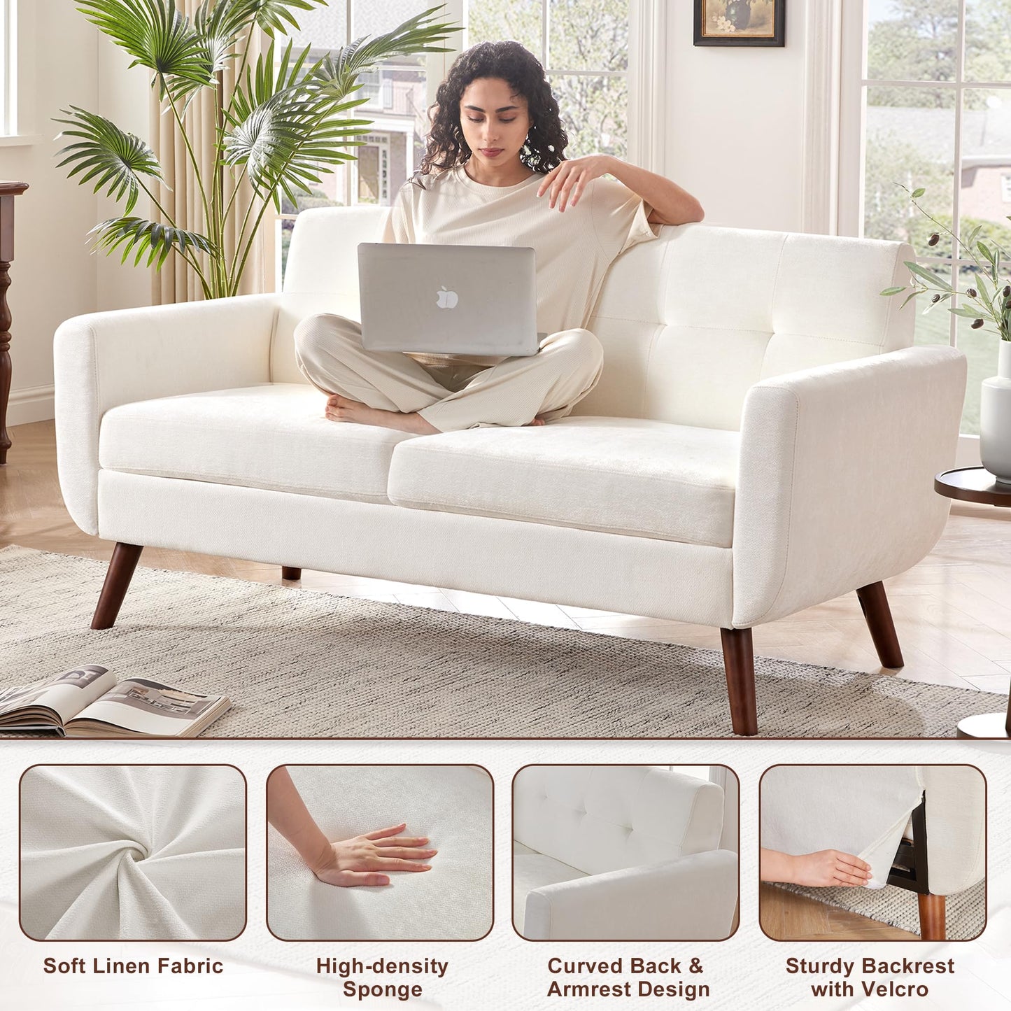 Tbfit 65" W Loveseat Sofa, Mid Century Modern Love Seat Couches for Living Room, Button Tufted Upholstered Small Couch for Bedroom, Solid and Easy to Install Love Seats Furniture, Grey