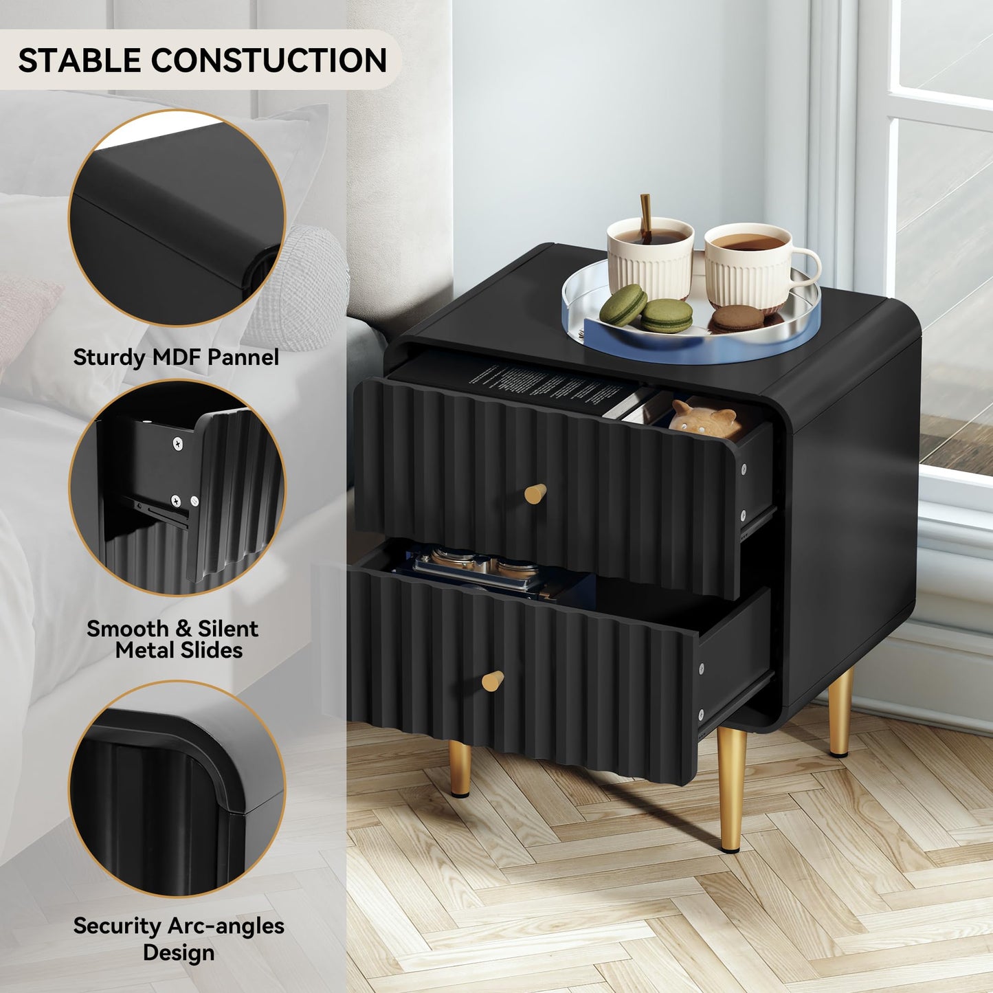HLR Modern Nightstand Set of 2, Fluted Bed Side Table with 2 Drawers Storage, Wood End Table with Gold Metal Handle, White Night Stands for Bedroom
