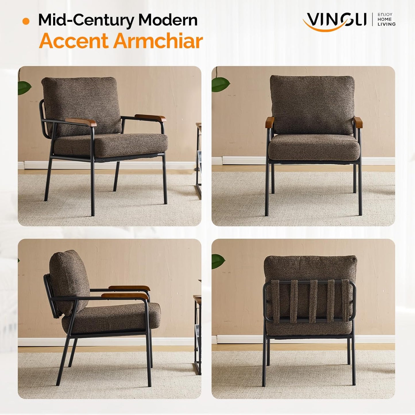 VINGLI Mid-Century Modern Accent Armchiar for Small Space, Small Comfy Upholstered Leisure Reading Chair with Wood Armrest for Bedroom, Living Room, Waiting Room, Linen Teal