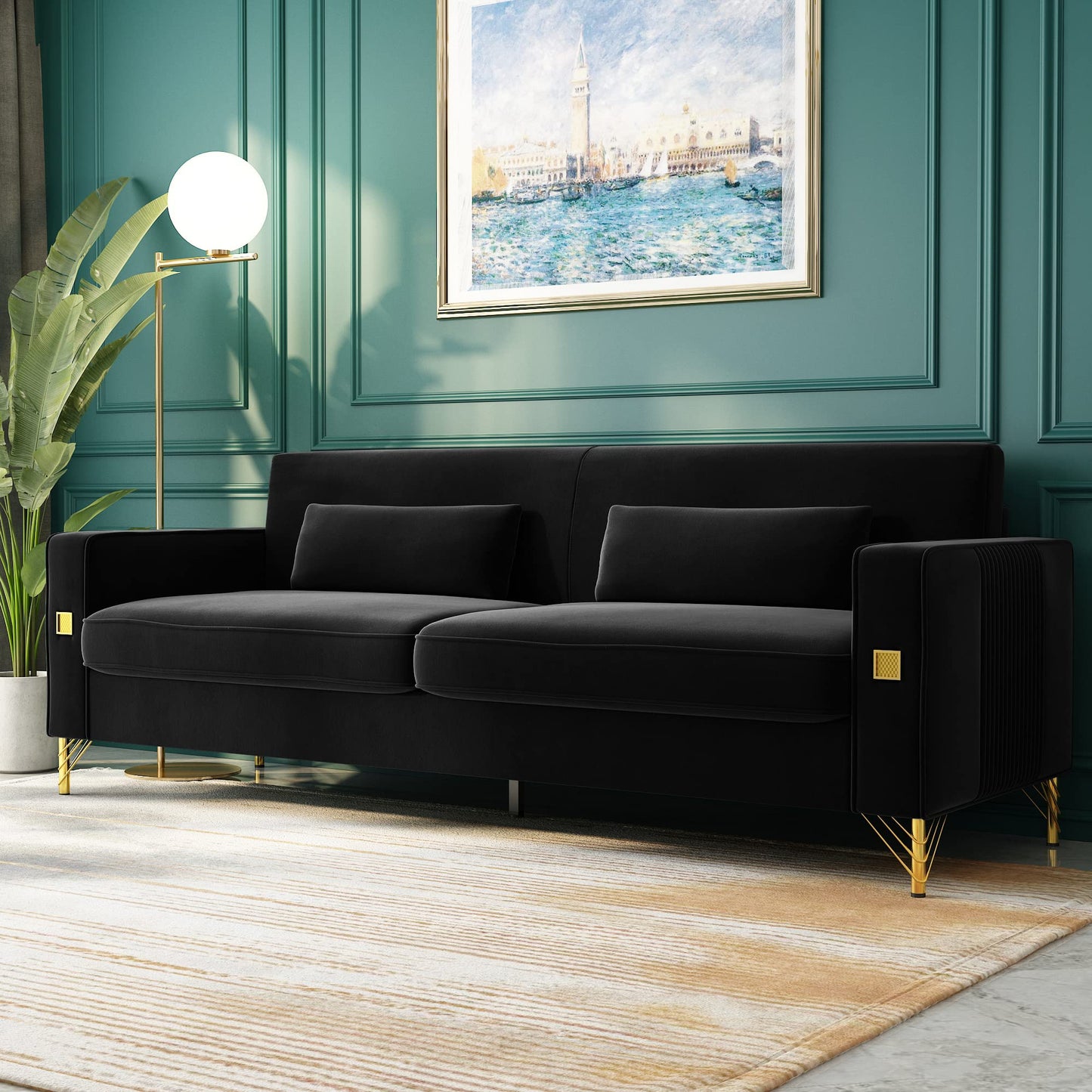 85.63" Velvet Sofa,Modern Loveseat Couch with Pillows Set of 2 for Living Room,Bedroom,Apartment Furniture with Gold Metal Legs (Green)