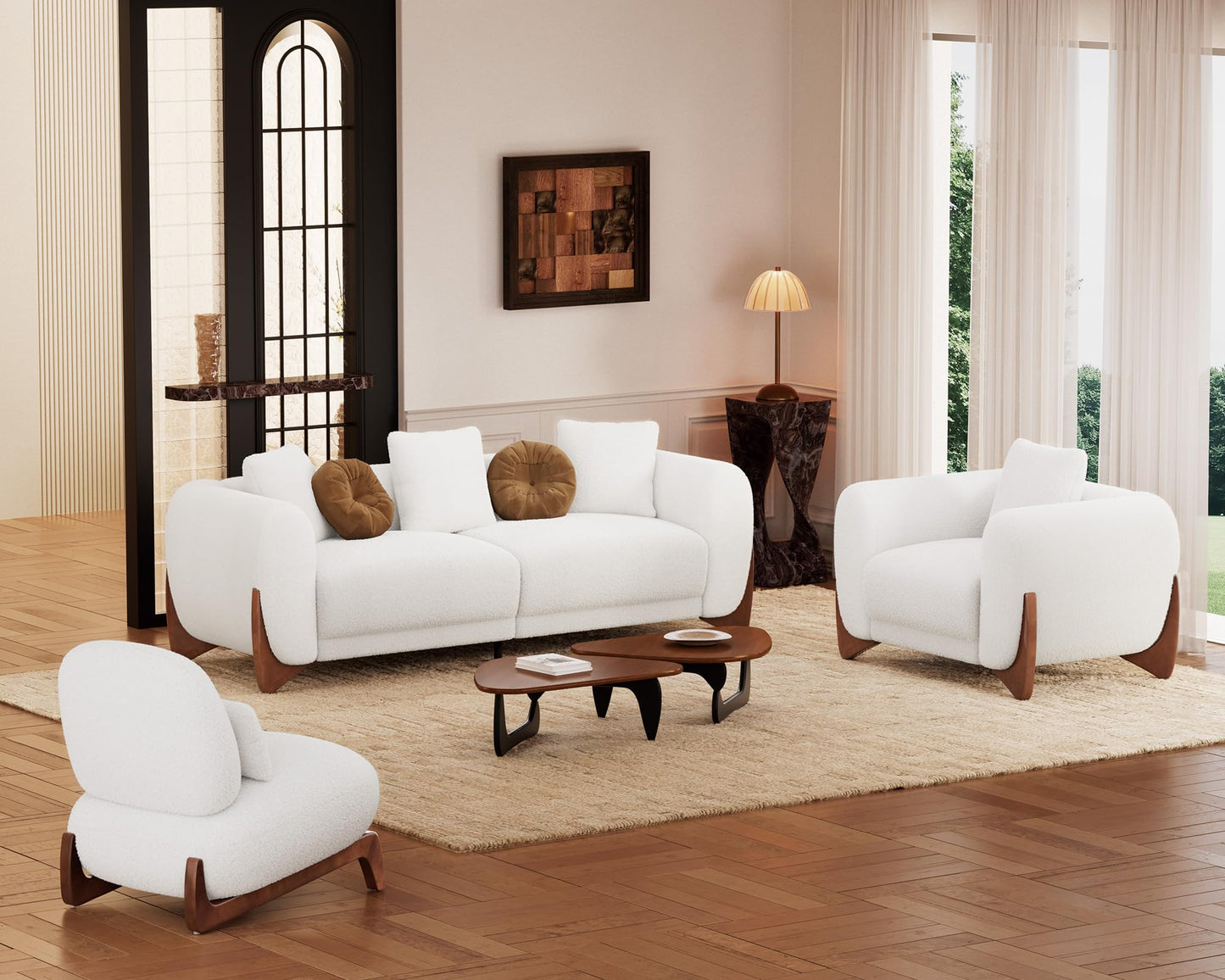 Morden Fort Modern Cloud Couch - 3 Seater Sherpa Boucle Sofa with Wood Legs, Ultra-Thick High Resilience Cushion with 3 Matching Pillows Upholstered Comfy Couch Sofa for Living Room - Off White