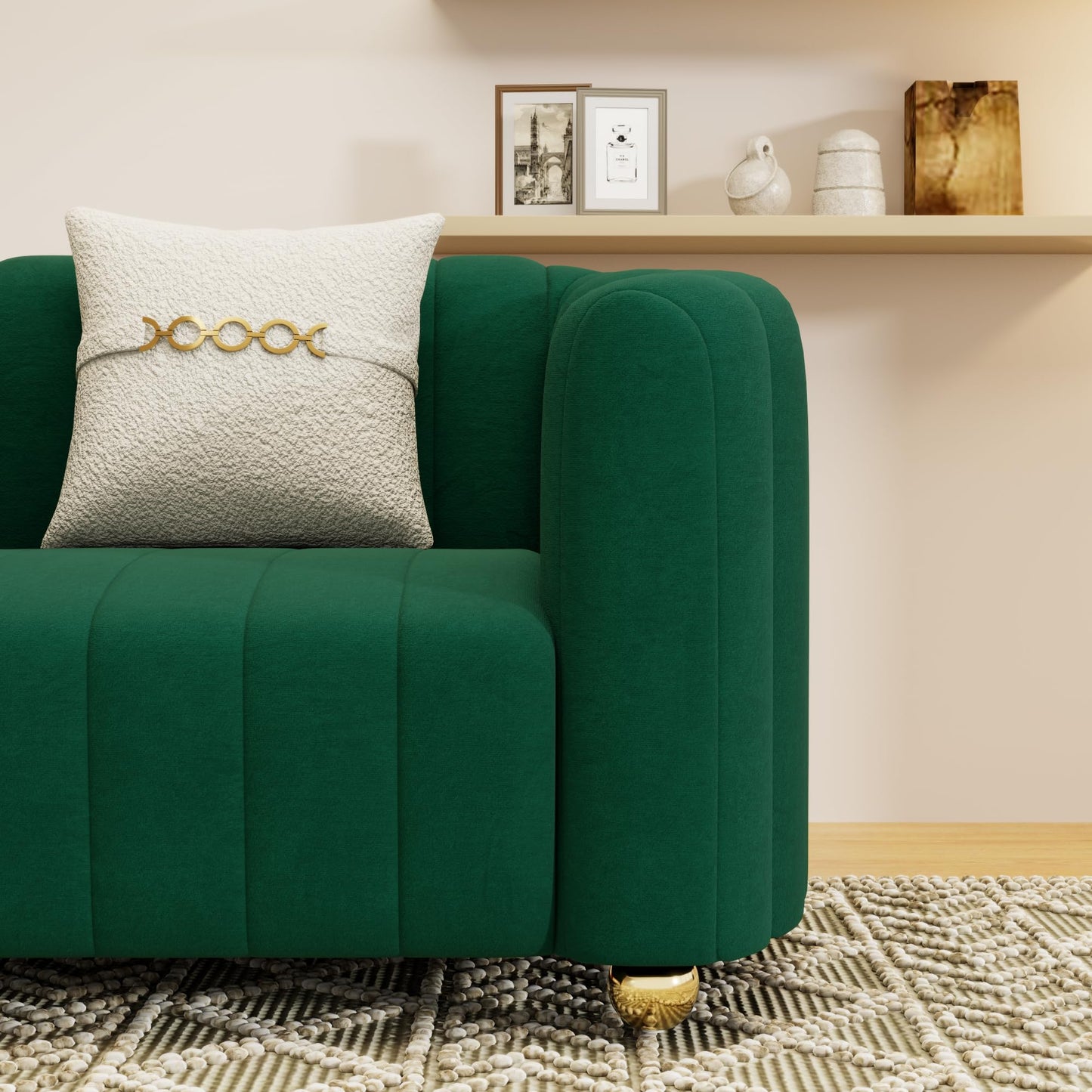 83'' Sofa for Living Room Modern Teddy Short Plush Couch 3-Seater Apartment Sofa with 2 Pillows & Golden Metal Legs